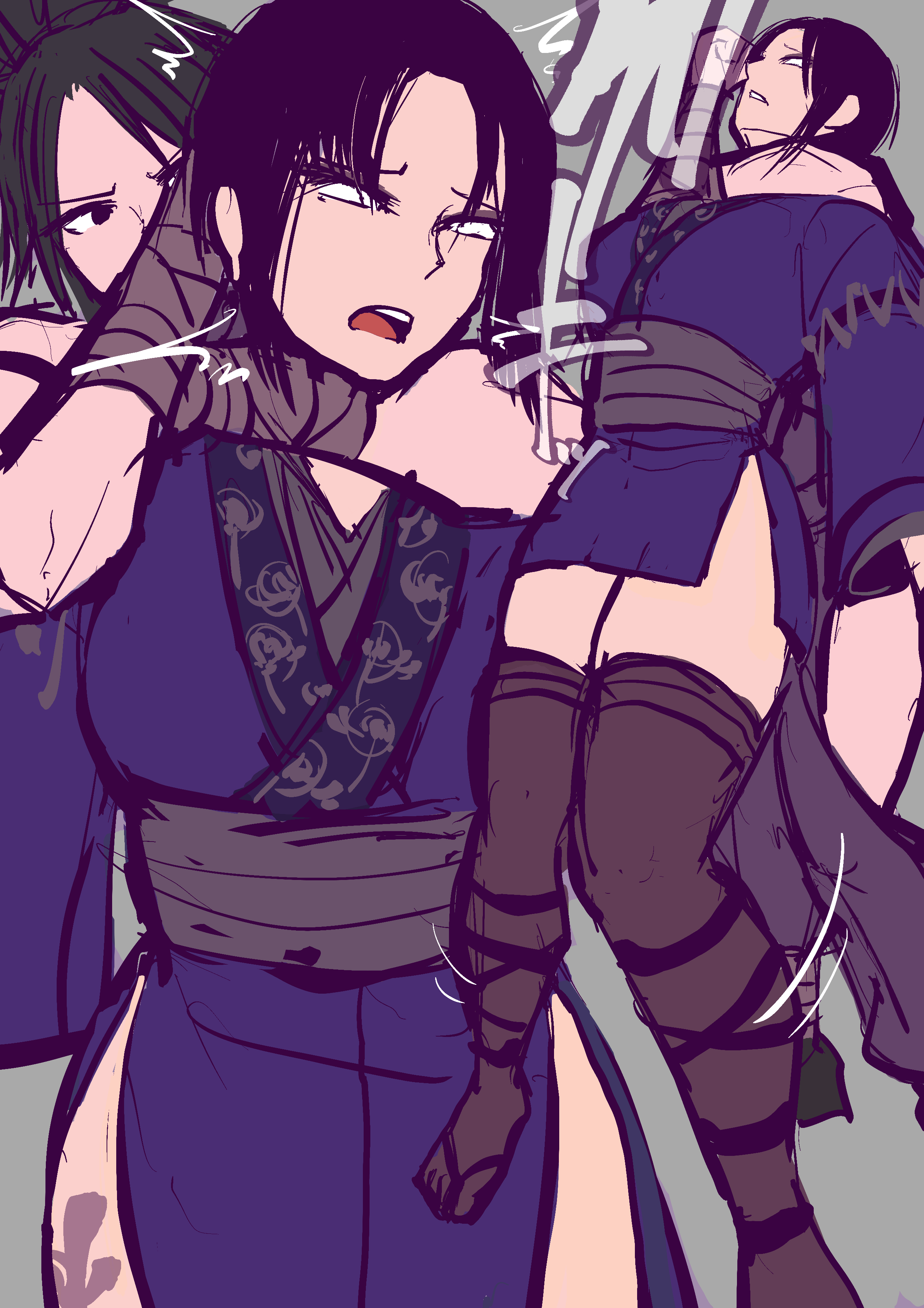 ayame (tenchuu), kunoichi (tenchuu), tenchuu, absurdres, commentary request, highres, 2girls, ahegao, black eyes, black hair, black thighhighs, blue kimono, breasts, choke hold, forehead, frown, furrowed brow, headlock, japanese clothes, kimono, large breasts, legs, legs together, multiple girls, multiple views, ninja, obi, open mouth, parted bangs, rolling eyes, ryona, sanman-drill, sash, short hair, sidelocks, sketch, standing, strangling, tabi, tattoo, thighhighs, thighs