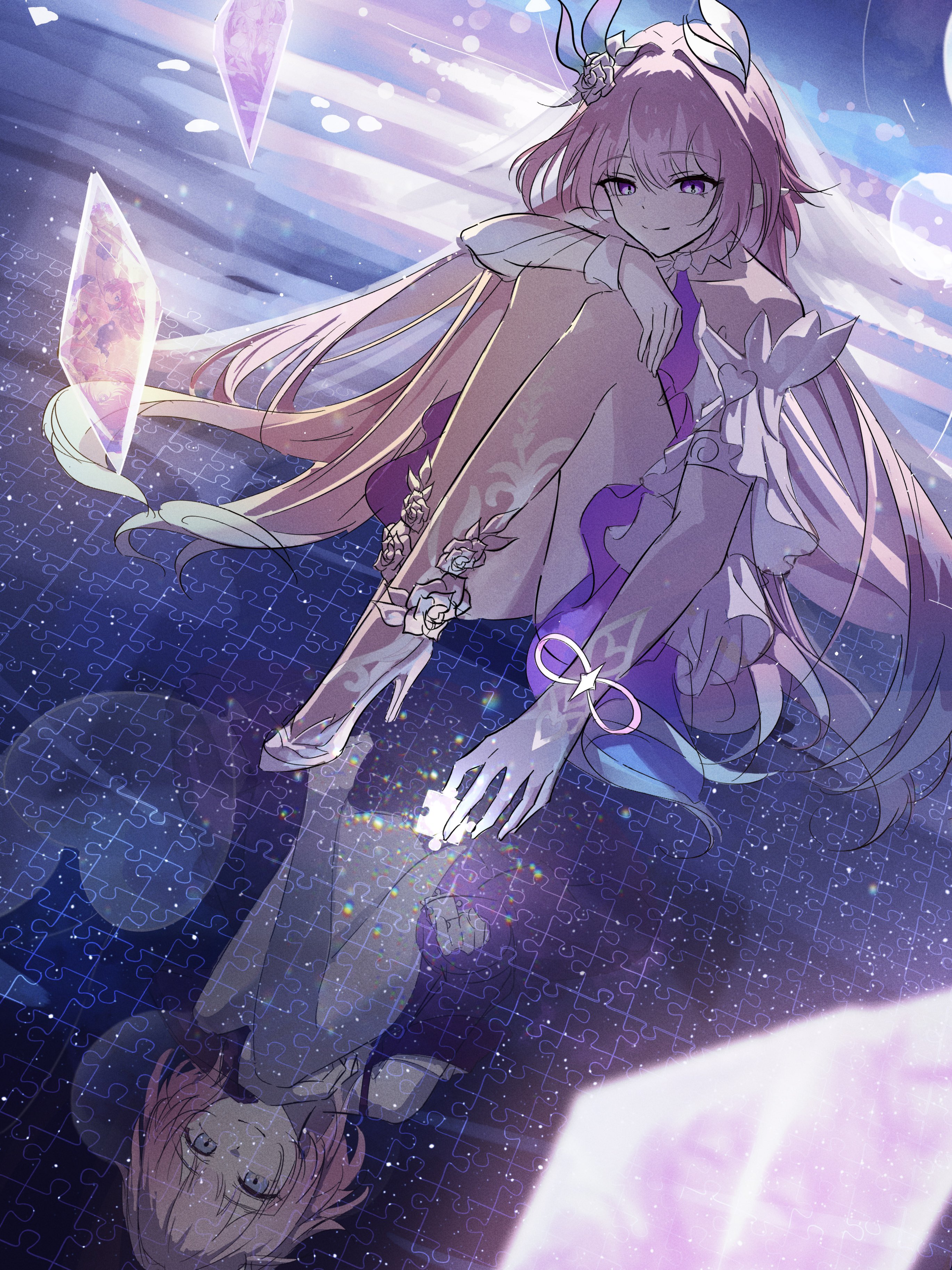 wira, cyrene (aedes elysiae) (honkai: star rail), cyrene (honkai: star rail), cyrene (ripples of past reverie) (honkai: star rail), honkai: star rail, honkai (series), absurdres, cropped, hashtag-only commentary, highres, 1girl, different reflection, dress, looking at reflection, official alternate costume, pink hair, puzzle piece, reflection, smile, solo, white dress