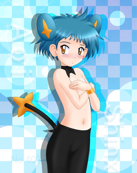 aoi kanan, shinx, nintendo, pokemon, animal ears, blue hair, blush, gen 4 pokemon, loli, pantyhose, personification, short hair, tail, yellow eyes