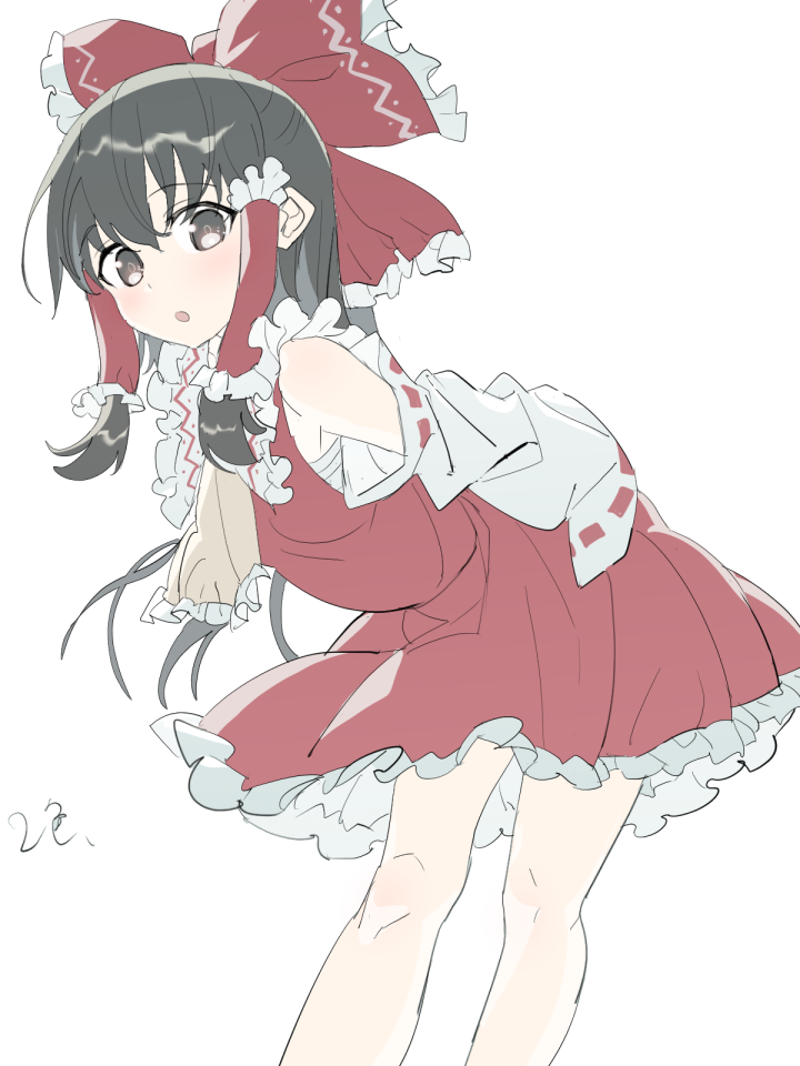 polpol, hakurei reimu, touhou, commentary request, 1girl, :o, arms behind back, ascot, bare legs, bare shoulders, bent over, black hair, bow, breasts, brown eyes, detached sleeves, feet out of frame, frilled bow, frilled hair tubes, frilled shirt collar, frills, hair between eyes, hair bow, hair tubes, light blush, long hair, long sleeves, looking at viewer, open mouth, petticoat, red skirt, red vest, sarashi, simple background, skirt, small breasts, solo, standing, vest, white background, wide sleeves, yellow ascot