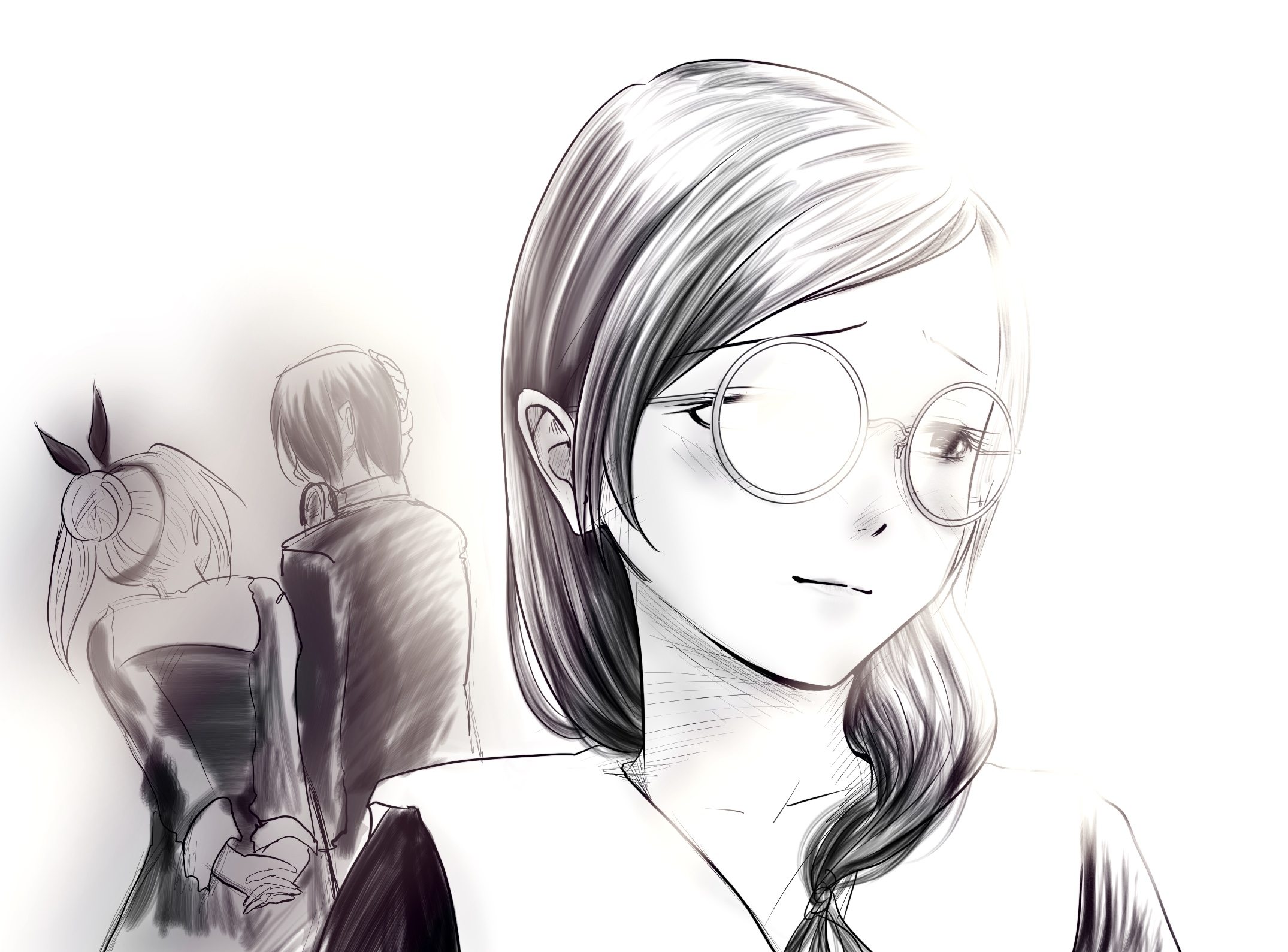 frank leung, ishigami yuu, koyasu tsubame, osaragi kobachi, kaguya-sama wa kokurasetai ~tensai-tachi no renai zunousen~, commentary request, highres, 1boy, 2girls, arms behind back, blush, glasses, greyscale, hair bun, hand on own head, headphones, headphones around neck, hetero, long hair, monochrome, multiple girls, own hands clasped, own hands together, sketch, white background