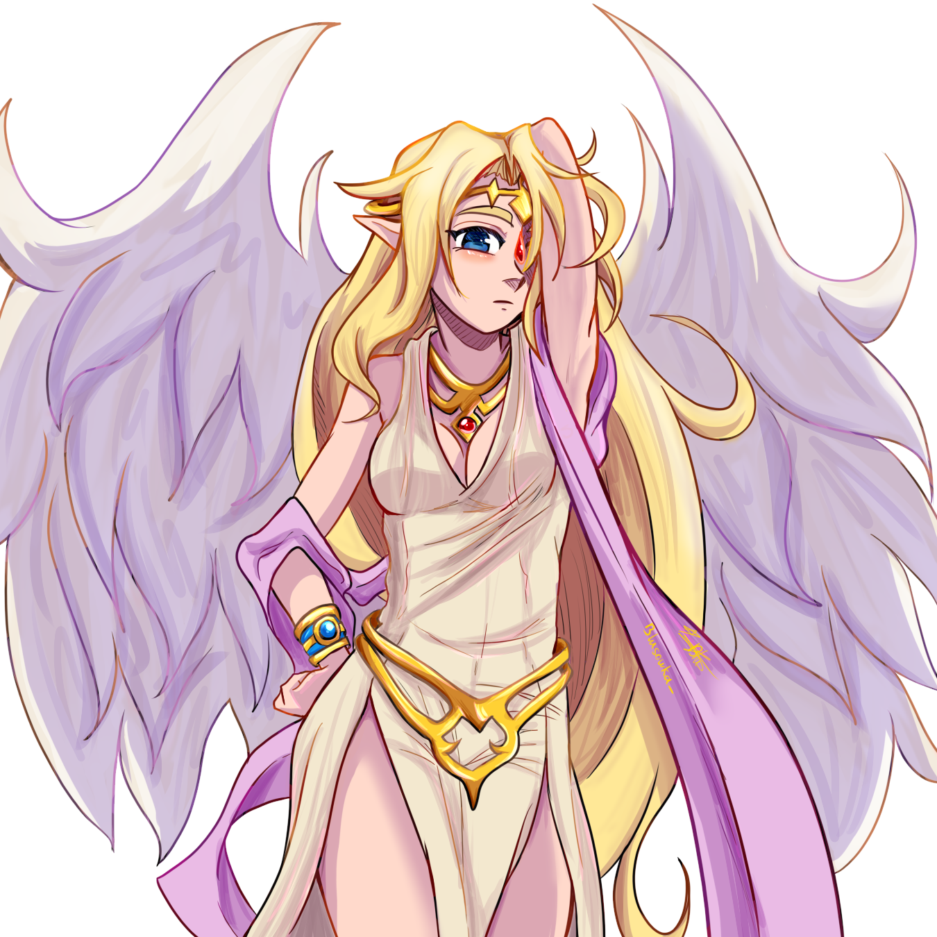 ilias, mon-musu quest!, commentary, english commentary, highres, 1girl, angel, angel wings, armlet, armpits, arms up, artist name, blonde hair, blue eyes, blusowka, bracelet, breasts, circlet, cleavage, closed mouth, dress, feathered wings, gem, hagoromo, jewelry, long hair, looking at viewer, navel, necklace, pointy ears, red gemstone, shawl, signature, solo, very long hair, white background, white dress, wings