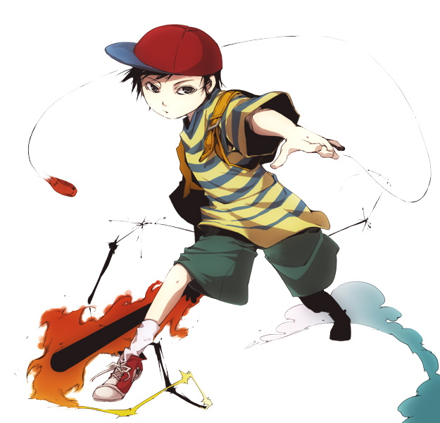 35, ness (mother 2), mother (series), mother 2, nintendo, bad id, bad pixiv id, 1boy, baseball bat, baseball cap, child, hat, male focus, shirt, solo, striped clothes, striped shirt