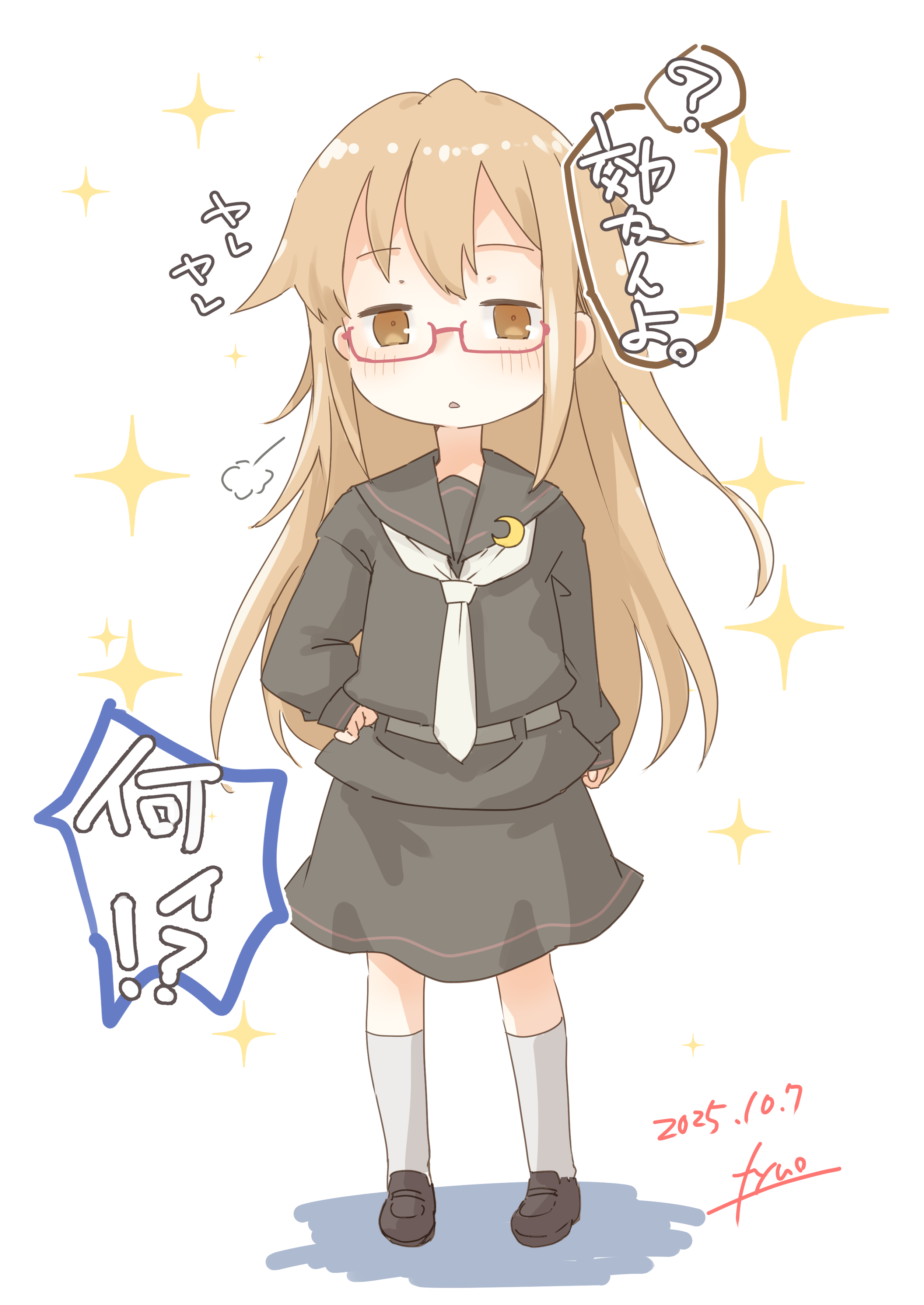 fyuo, mochizuki (kancolle), kantai collection, absurdres, commentary request, highres, translation request, 1girl, black sailor collar, black shirt, black skirt, brown eyes, brown hair, brown shoes, crescent, crescent hair ornament, crescent pin, dated, full body, glasses, hair ornament, hand on own hip, neckerchief, red-framed eyewear, sailor collar, sailor shirt, semi-rimless eyewear, shirt, shoes, signature, skirt, socks, solo, sparkle, under-rim eyewear, white background, white neckerchief, white socks
