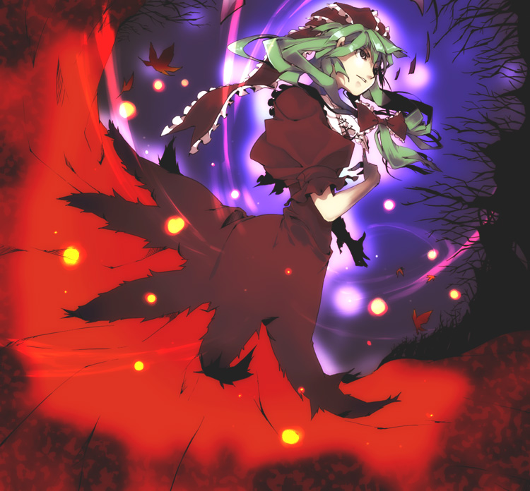 35, kagiyama hina, touhou, 1girl, female focus, front ponytail, green hair, ribbon, solo