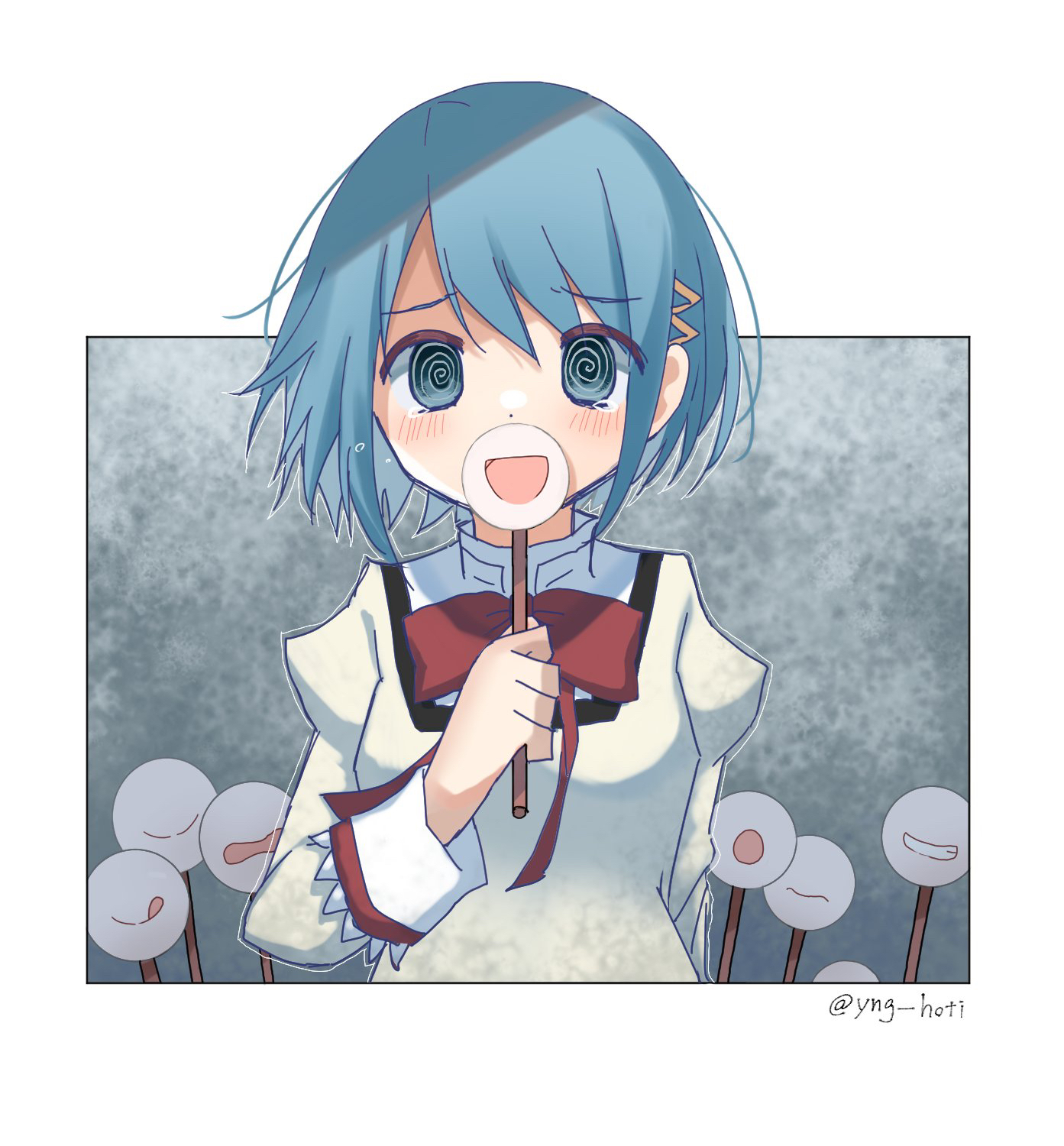 yunagi (yng hoti), miki sayaka, mahou shoujo madoka magica, mahou shoujo madoka magica (anime), commentary, highres, 1girl, @ @, blue eyes, blue hair, blush, bow, bowtie, furrowed brow, grey background, hand up, high collar, holding, holding stick, juliet sleeves, long sleeves, looking at viewer, mitakihara school uniform, puffy sleeves, red bow, red bowtie, school uniform, shirt, short hair, solo, stick, tearing up, upper body, white shirt, yellow shirt