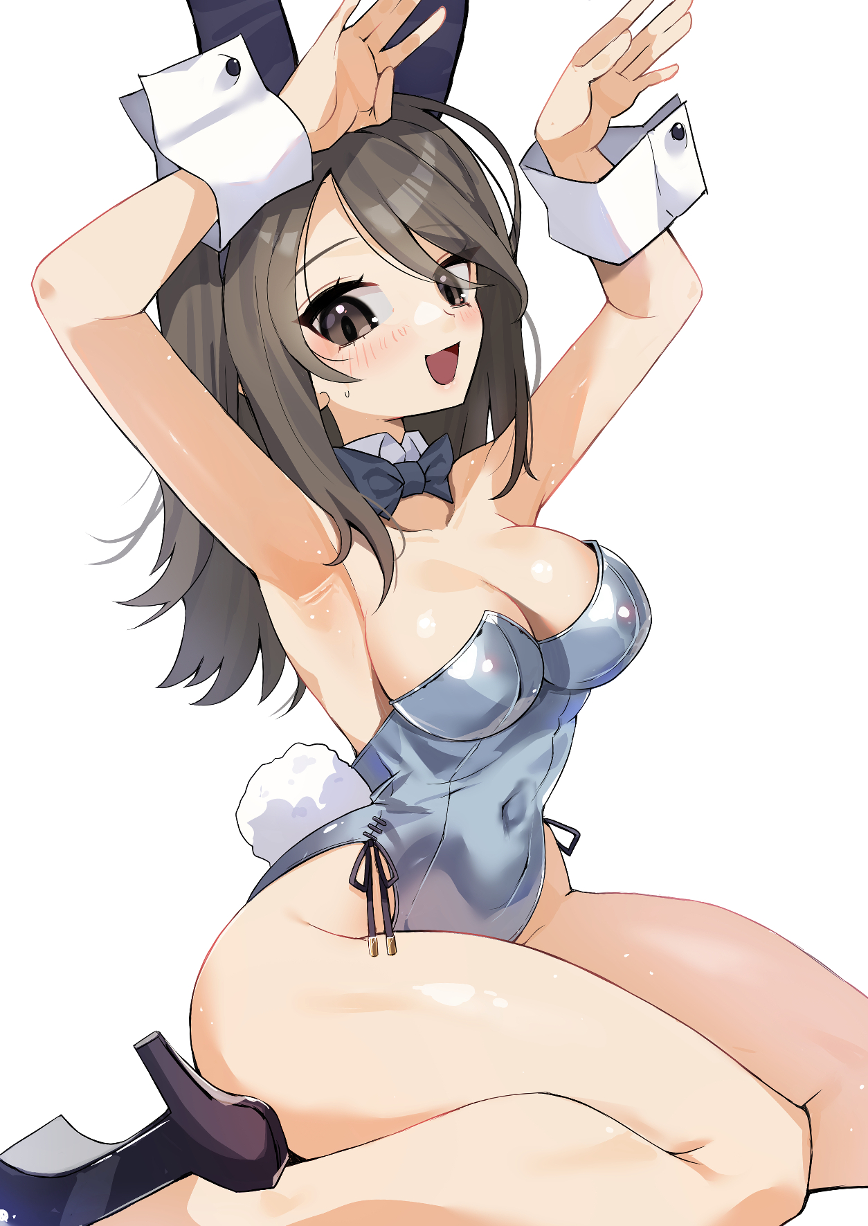 blaze (blazeillust), mika (girls und panzer), girls und panzer, 1girl, animal ears, blue bow, blue bowtie, blue leotard, blush, bowtie, breasts, brown eyes, brown hair, cleavage, covered navel, fake animal ears, fake tail, high heels, large breasts, leotard, long hair, looking at viewer, open mouth, playboy bunny, rabbit ears, rabbit pose, rabbit tail, simple background, smile, solo, tail, white background