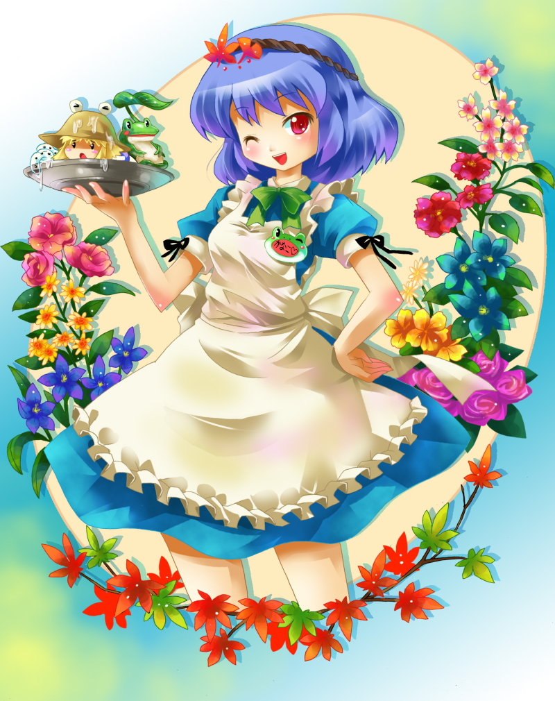 michii yuuki, moriya suwako, yasaka kanako, touhou, bad id, bad pixiv id, 2girls, apron, blonde hair, blue hair, chibi, female focus, flower, frog, hair ornament, hairband, hand on own hip, hat, hip focus, leaf, leaf hair ornament, multiple girls, one eye closed, red eyes, short hair, tray, waitress, wink