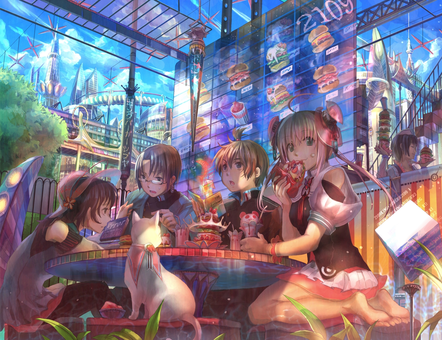 fuzichoco, original, 2boys, 2girls, barefoot, burger, cat, city, drink, eating, feet, food, glasses, green eyes, hat, hologram, kneeling, multiple boys, multiple girls, pizza, restaurant, science fiction, soles