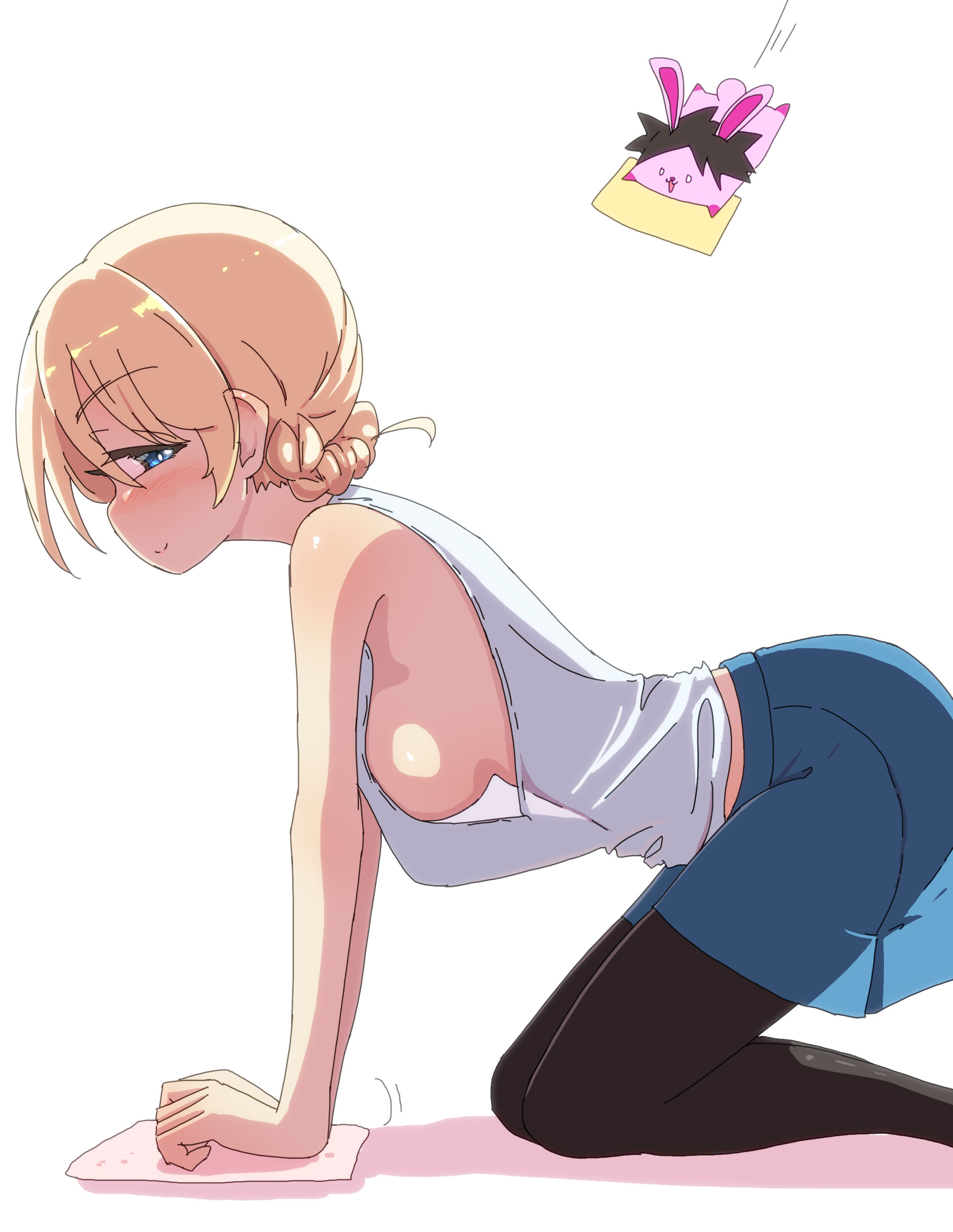 jinguu (4839ms), darjeeling (girls und panzer), girls und panzer, 1girl, all fours, black pantyhose, blonde hair, blue eyes, blue skirt, blush, braid, breasts, closed mouth, hanging breasts, large breasts, looking at viewer, miniskirt, no bra, pantyhose, school uniform, shirt, sideboob, simple background, skirt, smile, solo, st. gloriana's school uniform, white background, white shirt