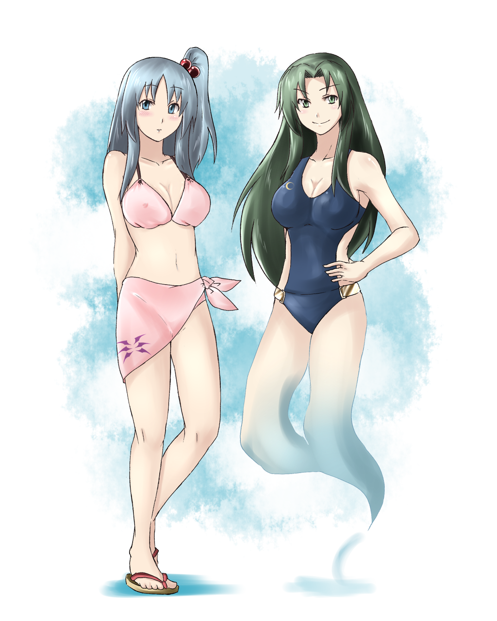 reon (pixiv), reon (saikyou), mima (touhou), shinki (touhou), mystic square, touhou, touhou (pc-98), highres, 2girls, bikini, blue eyes, breasts, cleavage, female focus, flip-flops, green eyes, green hair, grey hair, hair bobbles, hair ornament, large breasts, long hair, multiple girls, one-piece swimsuit, sandals, side ponytail, swimsuit