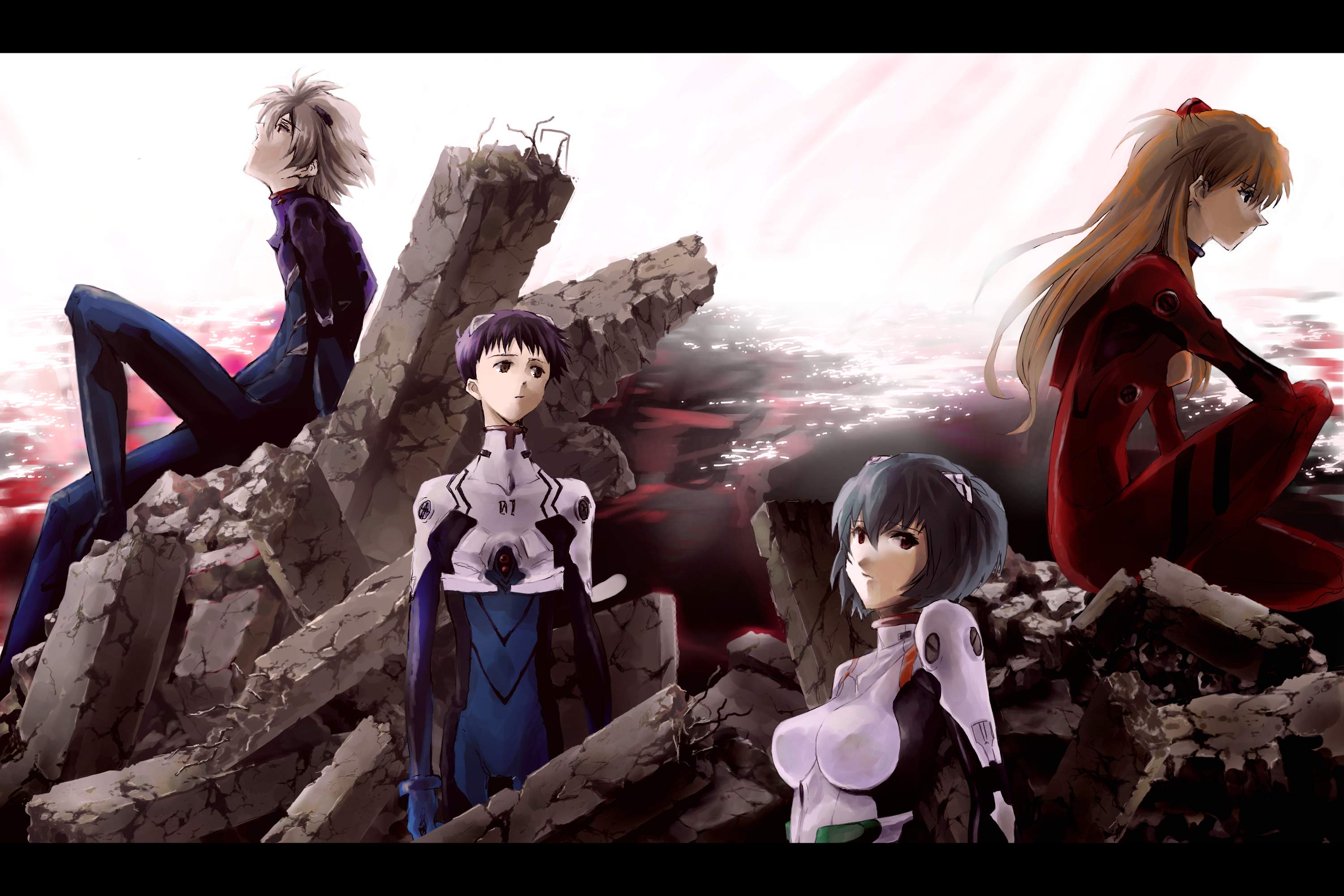 azo, ayanami rei, ikari shinji, nagisa kaworu, souryuu asuka langley, neon genesis evangelion, bad id, bad pixiv id, highres, 2boys, 2girls, black hair, blue eyes, brown eyes, interface headset (evangelion), long hair, mecha pilot suit, multiple boys, multiple girls, plugsuit (evangelion), red eyes, red hair, ruins, short hair