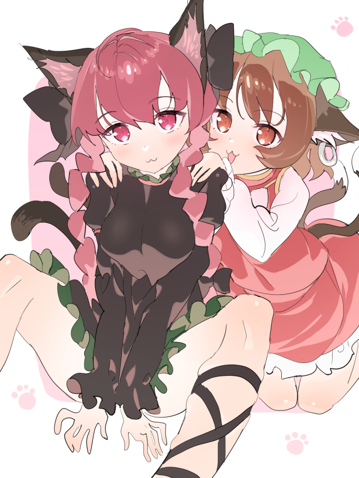polpol, chen, kaenbyou rin, touhou, commentary request, 2girls, animal ear fluff, animal ear piercing, animal ears, black dress, black ribbon, braid, breasts, brown eyes, brown hair, cat ears, cat girl, cat tail, dress, feet out of frame, green hat, hands on another's shoulders, hat, large breasts, leg ribbon, long sleeves, mob cap, multiple girls, multiple tails, red eyes, red shirt, red skirt, ribbon, shirt, short hair, side braids, skirt, tail, twin braids, two tails, v arms