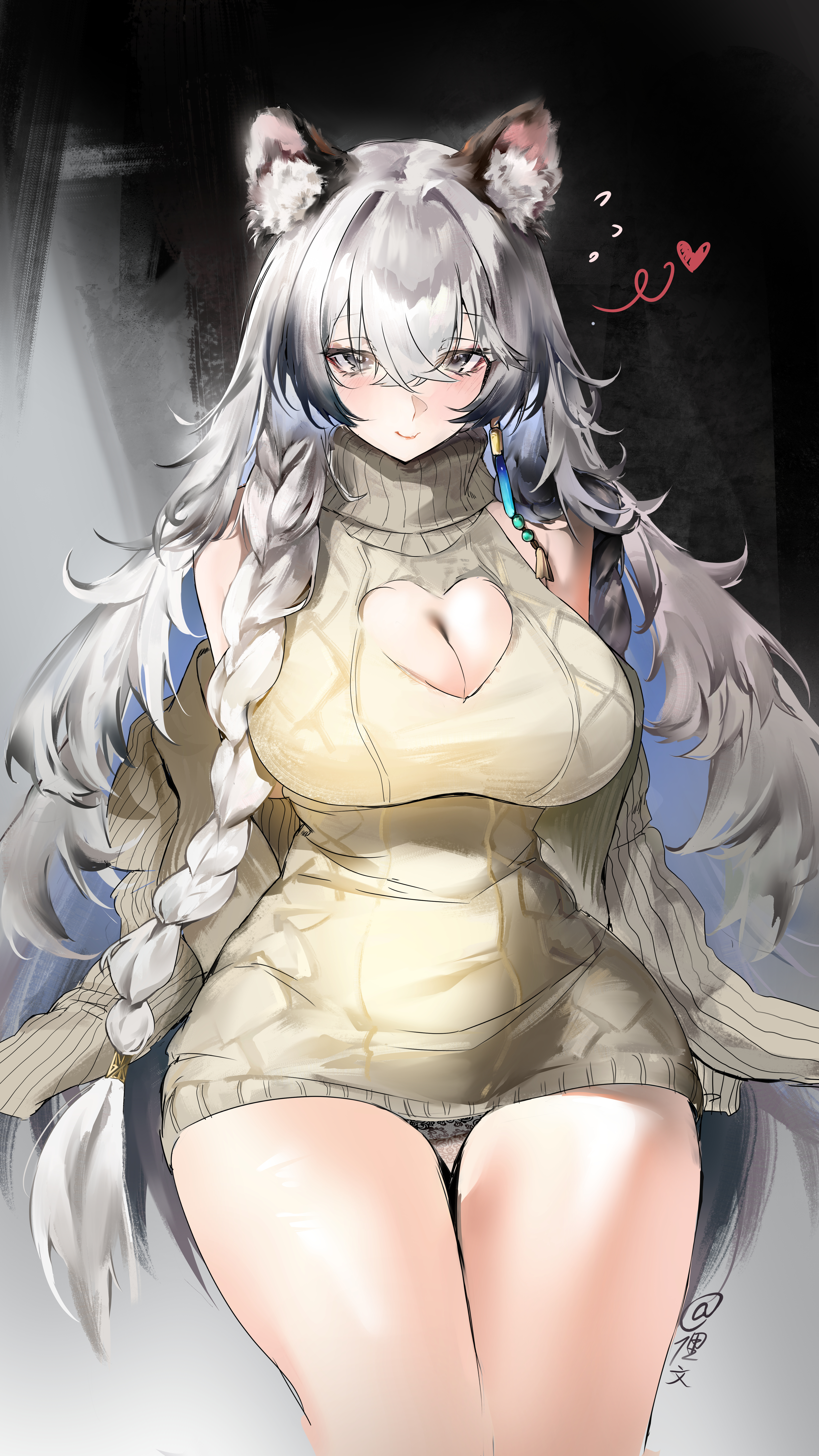 liwen 222, pramanix (arknights), arknights, absurdres, commentary request, highres, 1girl, alternate costume, braid, breasts, cleavage cutout, clothing cutout, dress, grey dress, grey eyes, grey hair, heart, heart cutout, large breasts, leopard girl, long braid, long hair, looking at viewer, panties, single braid, smile, snow leopard ears, snow leopard girl, snow leopard tail, solo, sweater, sweater dress, thighs, turtleneck, turtleneck dress, twitter username, underwear, very long hair, white panties