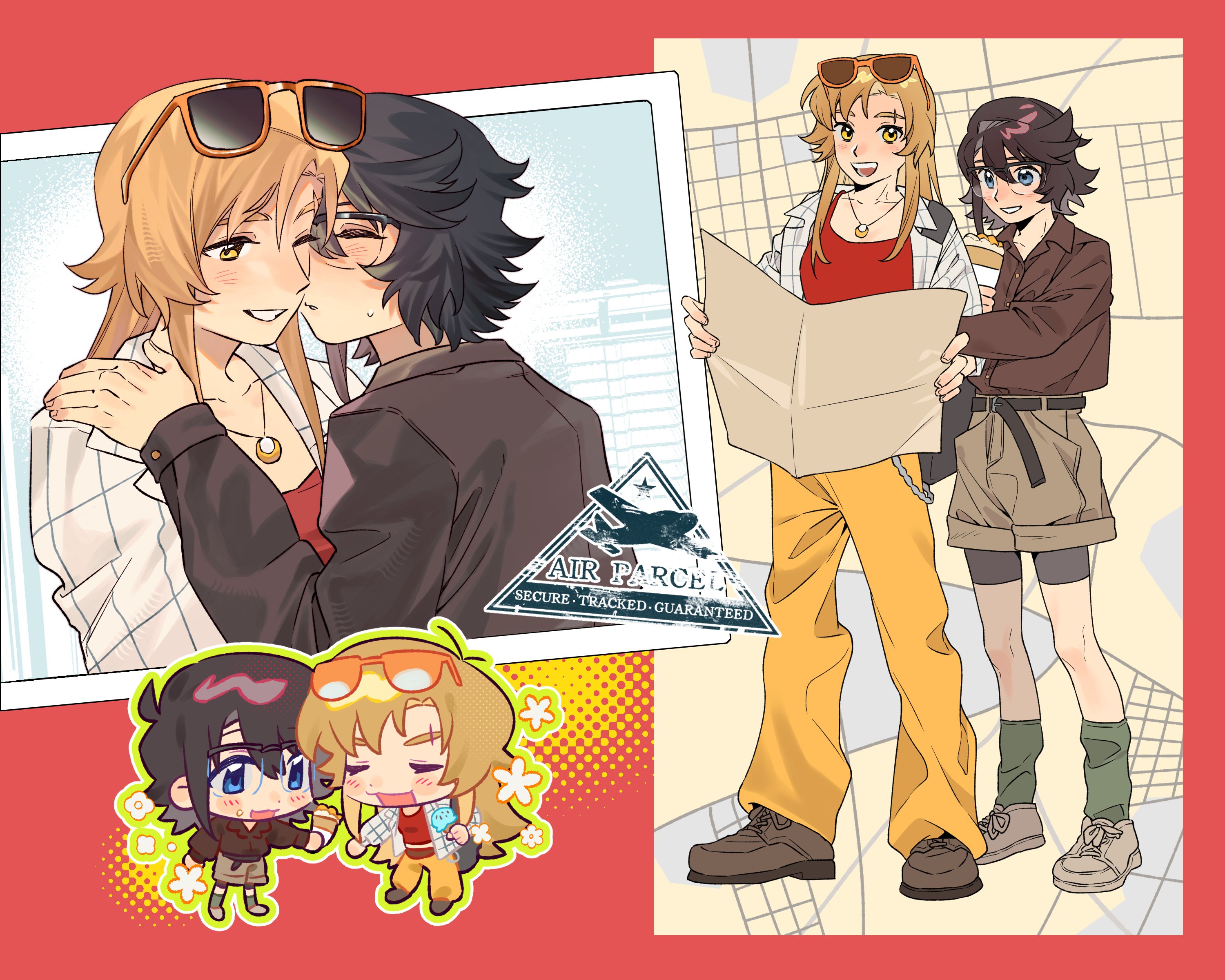 jiguang haibao, koishikawa iko, momijiyama teru, shy (series), absurdres, commentary, hashtag-only commentary, highres, 2girls, blonde hair, blue eyes, blush, brown hair, brown shirt, brown shoes, brown shorts, eyewear on head, glasses, green socks, grey shoes, holding, holding map, jewelry, kiss, kissing cheek, long hair, map, medium hair, multiple girls, necklace, open mouth, pants, red tank top, shirt, shoes, shorts, smile, socks, standing, sunglasses, sweat, tank top, white shirt, yellow eyes, yellow pants, yuri