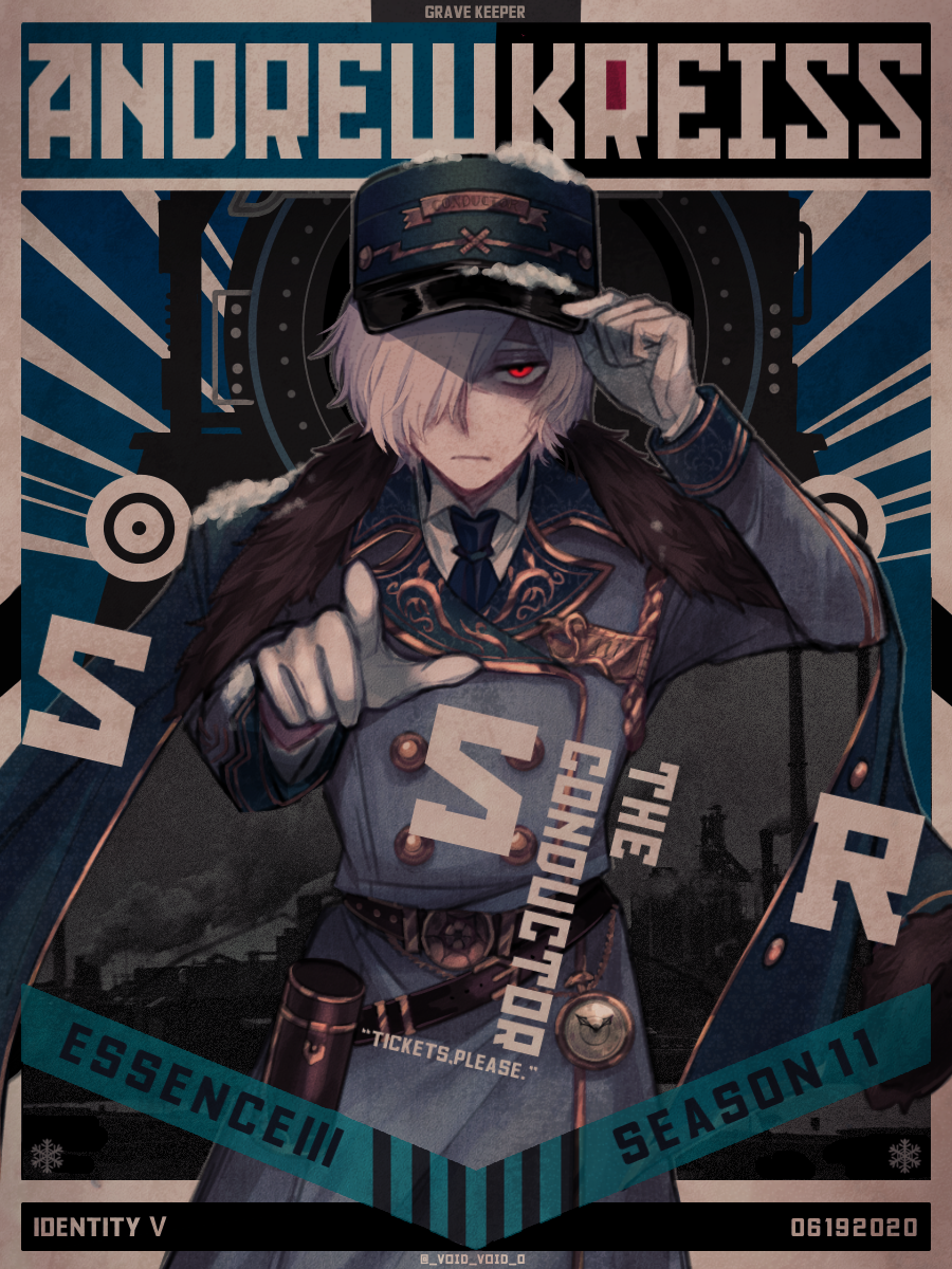 tendenbarabara, andrew kreiss, andrew kreiss (train conductor), identity v, commentary request, highres, 1boy, albino, belt, blue necktie, buttons, character name, coat, cowboy shot, double-breasted, english text, expressionless, fur-trimmed jacket, fur trim, gloves, glowing, glowing eyes, gold trim, grey coat, hair over one eye, hand on headwear, hat, jacket, jacket on shoulders, jitome, kepi, long bangs, male focus, military hat, necktie, official alternate costume, pocket watch, pointing, pointing at viewer, poster (medium), red eyes, shaded face, shirt, snow on head, watch, white gloves, white hair, white shirt