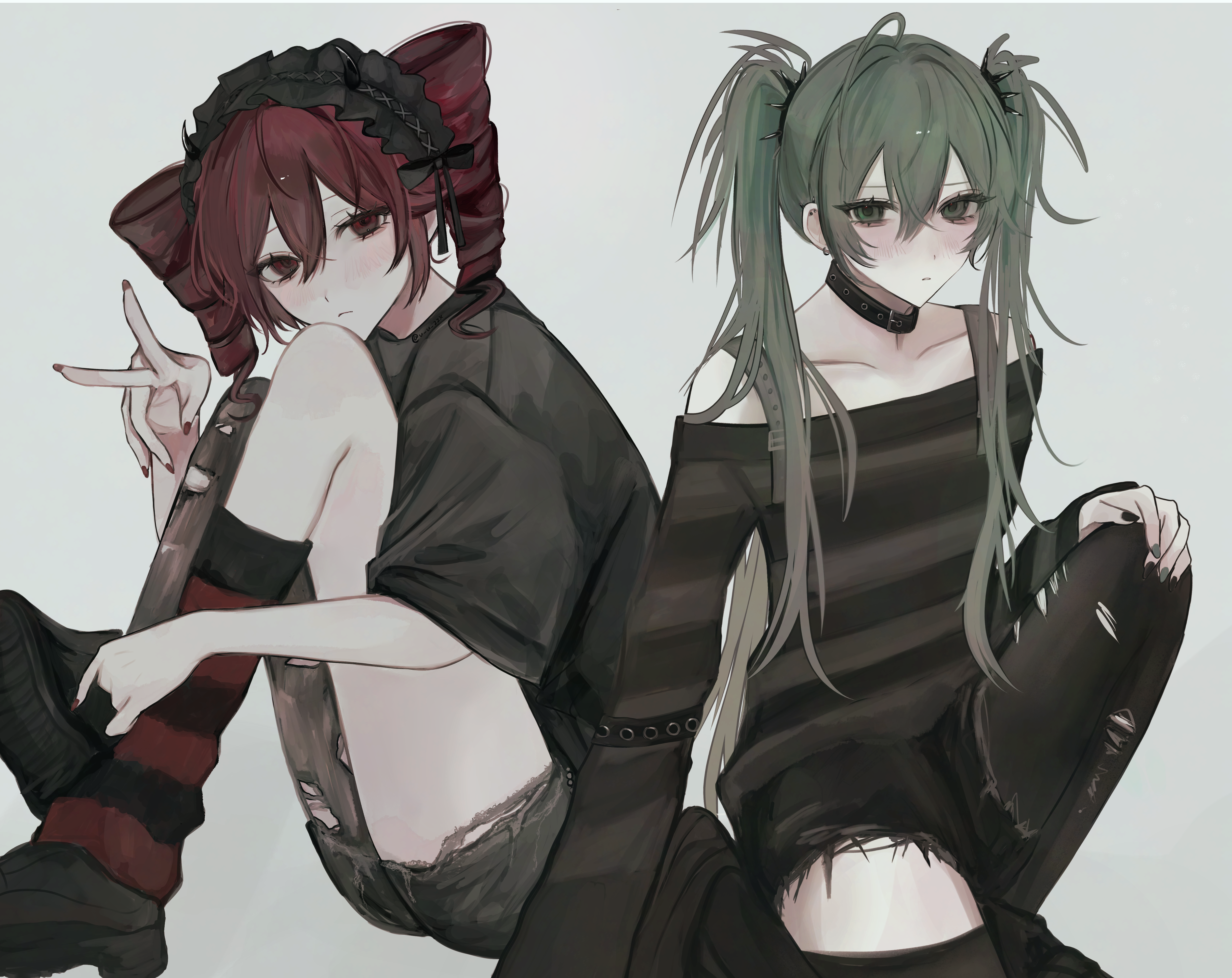 kanau (u u zzx), hatsune miku, kasane teto, utau, vocaloid, absurdres, highres, 2girls, black hairband, black leg warmers, black nails, black shoes, blush, collarbone, frilled hairband, frills, gothic punk, green hair, grey eyes, grey hair, grey pantyhose, hair between eyes, hairband, hand on own knee, knee up, knees up, leg warmers, looking at viewer, maid headdress, multiple girls, nail polish, off-shoulder shirt, off shoulder, pantyhose, punk, red eyes, red hair, red leg warmers, red nails, shirt, shoes, short hair, short sleeves, simple background, single leg pantyhose, sitting, striped leg warmers, thighs, torn clothes, torn pantyhose, twitter username, v, white background, wide sleeves