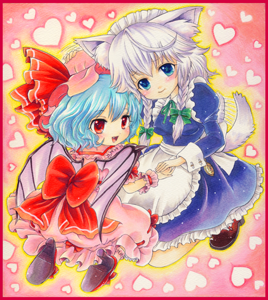 sakurai tamako, tama tamako sakurai, inu sakuya (nejikirio), izayoi sakuya, remilia scarlet, touhou, silver hair, bad id, bad pixiv id, traditional media, 2girls, animal ears, bat wings, blue eyes, blue hair, braid, dog ears, dog tail, fang, female focus, hat, kemonomimi mode, kneeling, multiple girls, red eyes, short hair, tail, twin braids, wings