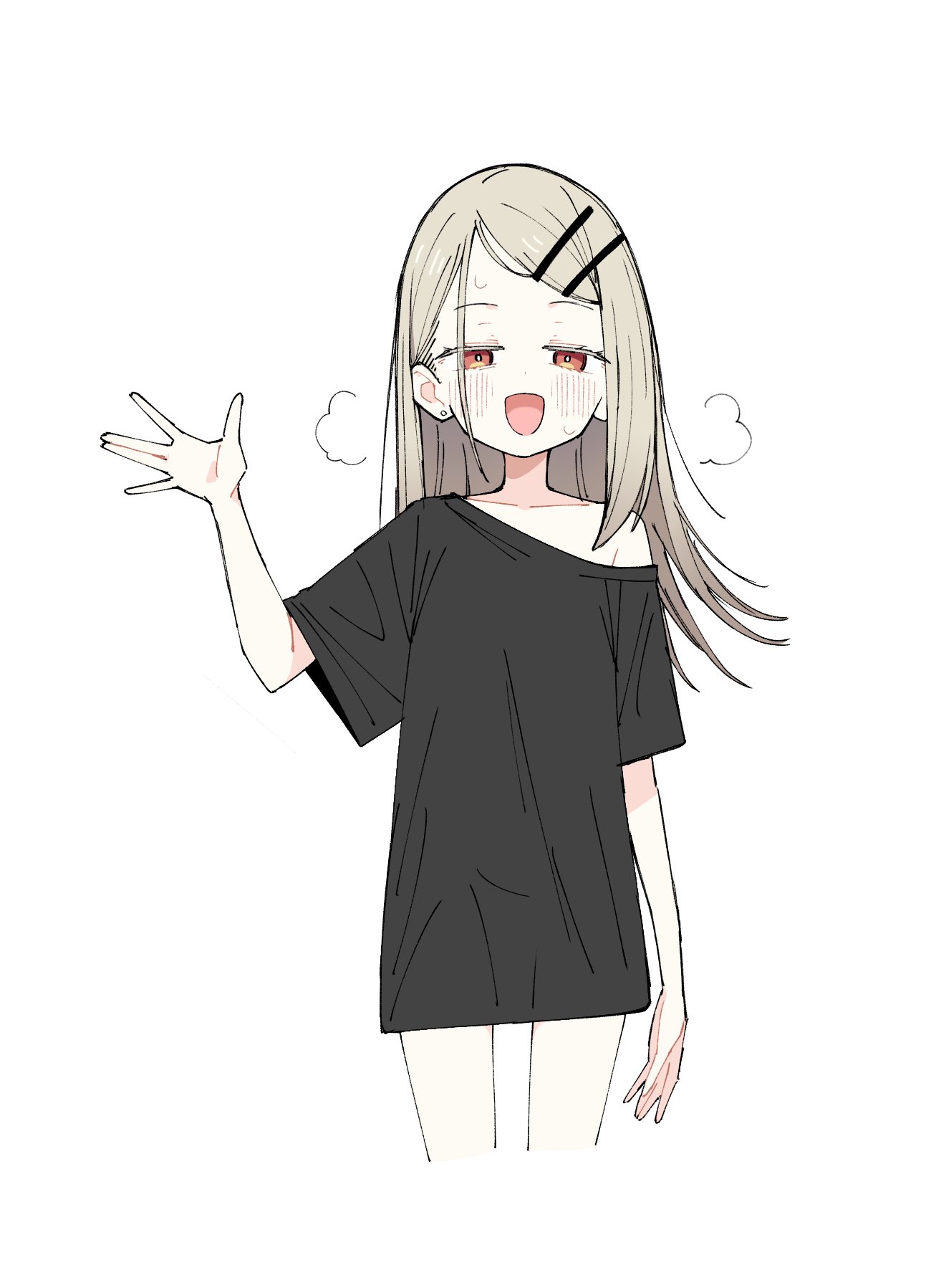 sabi1234, shinosawa hiro, gakuen idolmaster, idolmaster, commentary request, highres, 1girl, black shirt, blush, collarbone, colored eyelashes, cowboy shot, cropped legs, earrings, flipped hair, gradient hair, grey hair, hair ornament, hairclip, half-closed eyes, hand up, jewelry, long hair, looking at viewer, multicolored hair, naked shirt, open hand, open mouth, orange eyes, parallel hairclips, parted bangs, puff of air, shirt, short sleeves, simple background, single off shoulder, solo, standing, stud earrings, sweat, swept bangs, t-shirt, white background