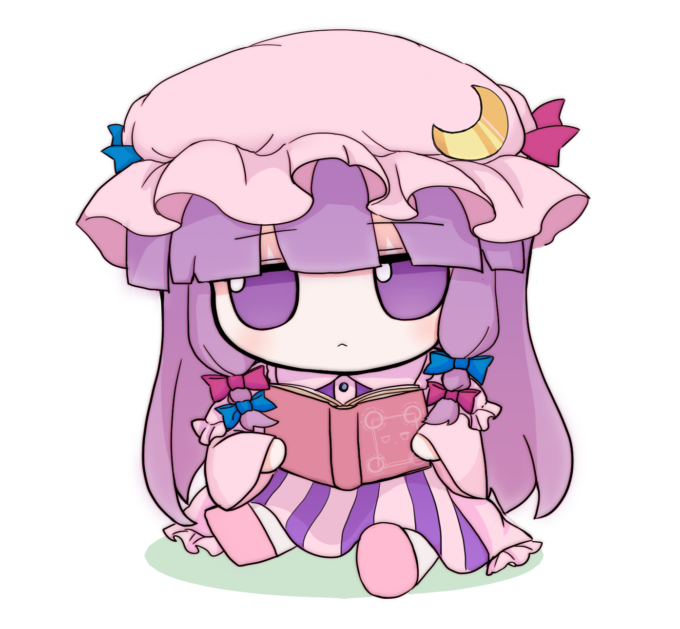 azuma meri, patchouli knowledge, touhou, commentary, highres, 1girl, blue ribbon, book, chibi, chibi only, closed mouth, crescent, crescent hat ornament, dress, fumo (doll), hair ribbon, hat, hat ornament, holding, holding book, long hair, mob cap, pink shoes, purple dress, purple eyes, purple hair, red ribbon, ribbon, shoes, simple background, sitting, solo, striped clothes, striped dress, white background