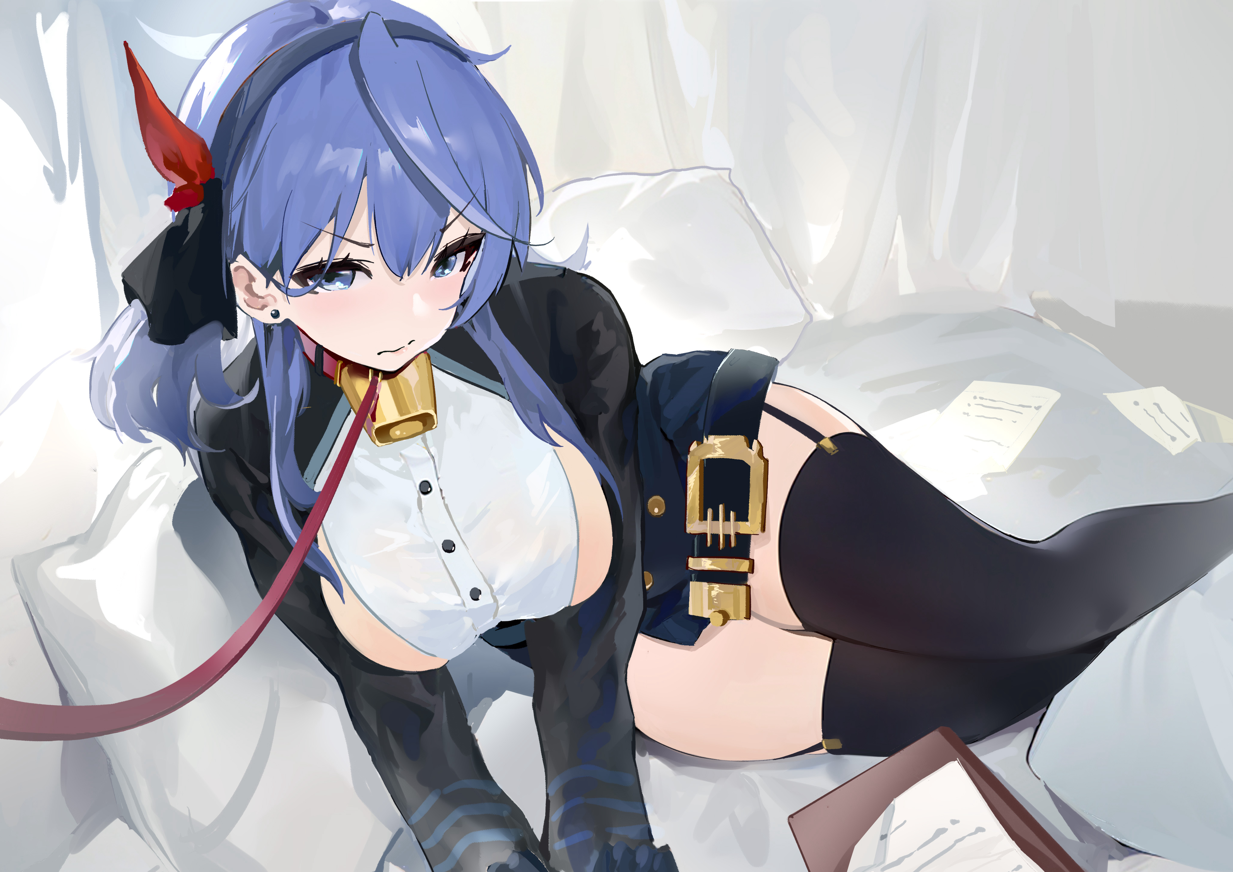 liwen 222, ako (blue archive), blue archive, absurdres, chinese commentary, commentary request, highres, 1girl, bell, black hairband, black shrug, black thighhighs, blue eyes, blue hair, breasts, cowbell, hairband, large breasts, leash, looking at viewer, lying, medium hair, on side, pencil skirt, shirt, shrug (clothing), sideboob, skirt, solo, thighhighs, thighs, white shirt