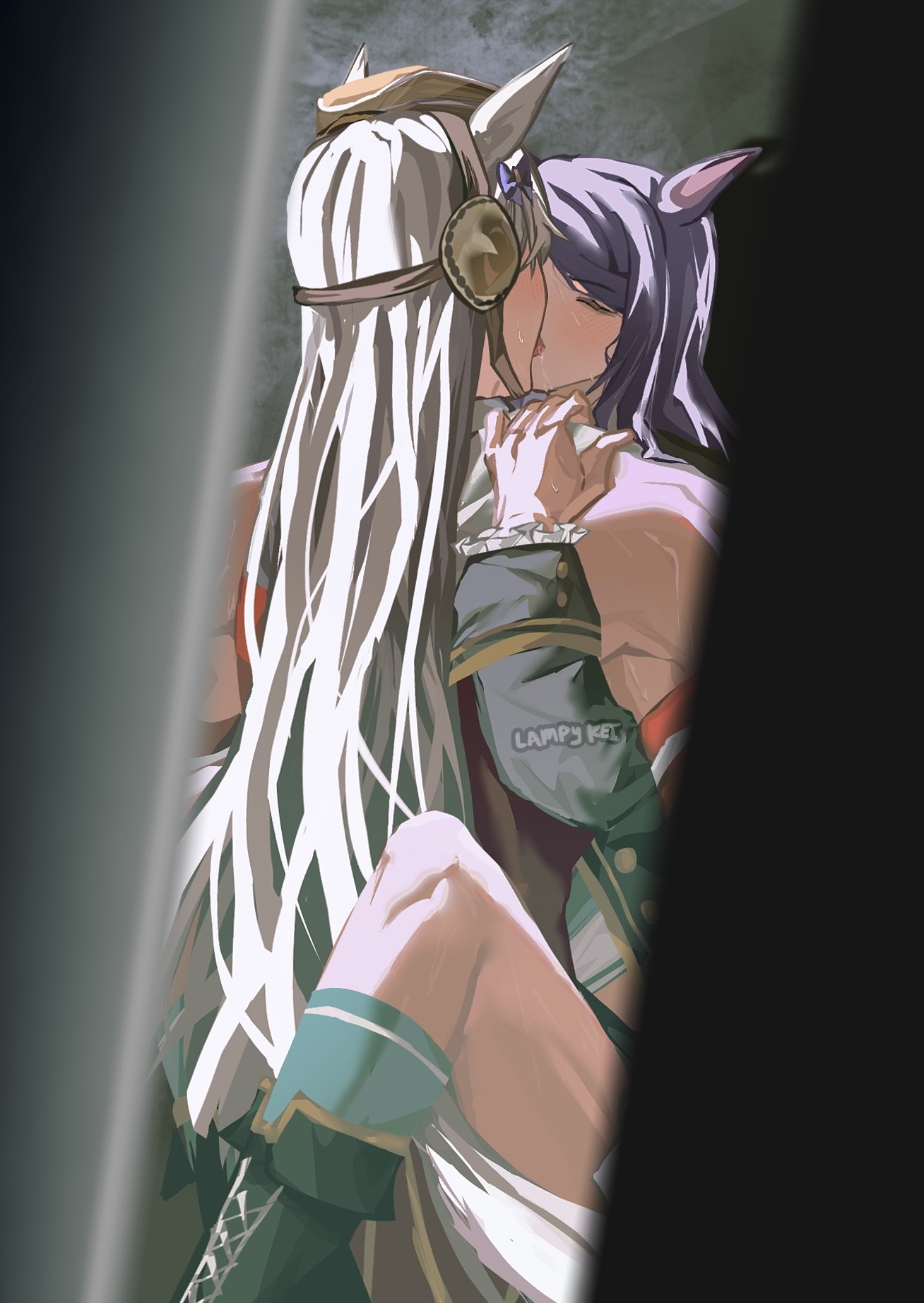 lampy uikoko, gold ship (red strife) (umamusume), gold ship (umamusume), mejiro mcqueen (frontline elegance) (umamusume), mejiro mcqueen (umamusume), umamusume, highres, 2girls, animal ears, armband, black boots, black jacket, blunt bangs, blush, boots, bow, brown hat, closed eyes, dress, ear bow, french kiss, green socks, grey hair, hat, horse ears, horse girl, horse tail, jacket, kiss, long hair, long sleeves, multiple girls, pillbox hat, purple bow, purple hair, red dress, sleeveless, sleeveless dress, socks, striped armband, striped clothes, sweat, tail, yuri