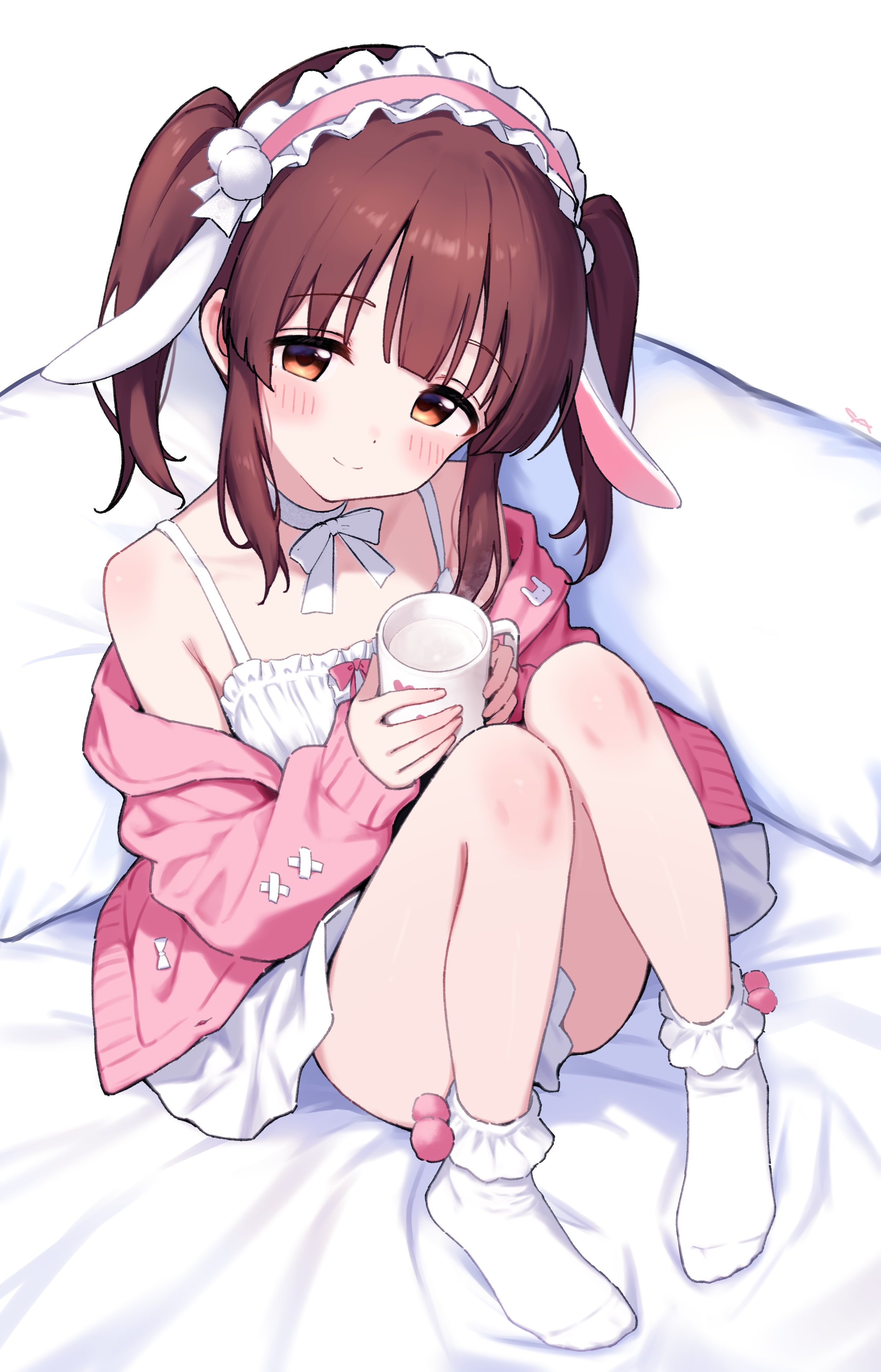 jia wenyuan, ogata chieri, idolmaster, idolmaster cinderella girls, absurdres, commentary, highres, symbol-only commentary, 1girl, animal ears, armpit crease, bare shoulders, bed sheet, bow, bow choker, choker, closed mouth, cup, dress, fake animal ears, full body, hairband, head tilt, holding, holding cup, jacket, lolita hairband, long hair, long sleeves, looking at viewer, mug, no shoes, open clothes, open jacket, pillow, pink hairband, pink jacket, rabbit ears, red eyes, red hair, sitting, sleeveless, sleeveless dress, smile, socks, solo, split mouth, twintails, white bow, white choker, white dress, white socks