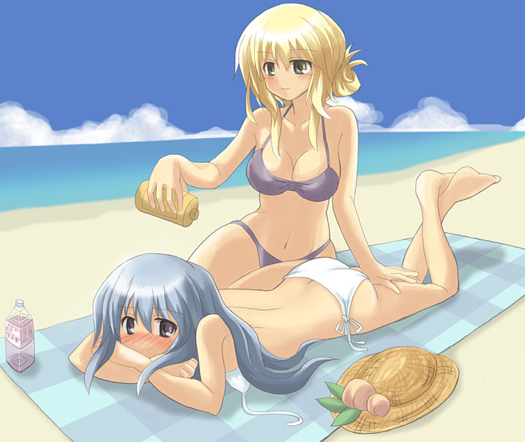 hino ryuu, hinoryu, hinanawi tenshi, yakumo yukari, touhou, bad id, bad pixiv id, 2girls, bare back, barefoot, bikini, blonde hair, blue hair, blush, brown eyes, day, female focus, hat, lying, multiple girls, on stomach, purple eyes, swimsuit, unworn hat, unworn headwear