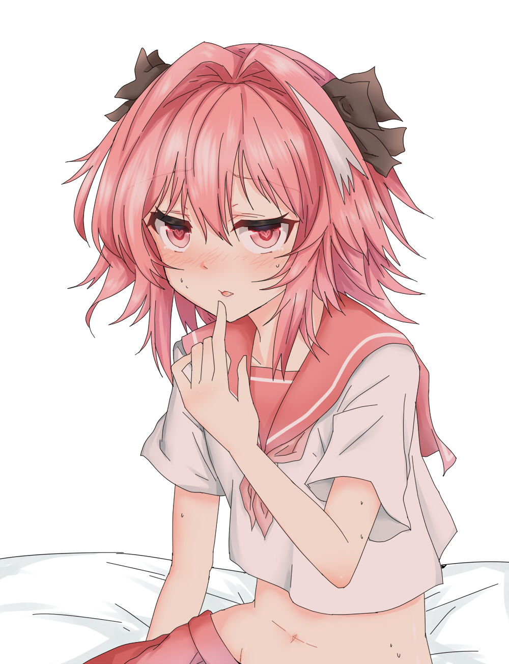 kaname game etc, astolfo (fate), astolfo (sailor paladin) (fate), fate/apocrypha, fate/grand order, fate (series), commentary request, highres, 1boy, hair intakes, heart, heart-shaped pupils, medium hair, pink eyes, pink hair, pink sailor collar, pink skirt, pleated skirt, sailor collar, shirt, short sleeves, simple background, skirt, symbol-shaped pupils, trap, white background, white shirt