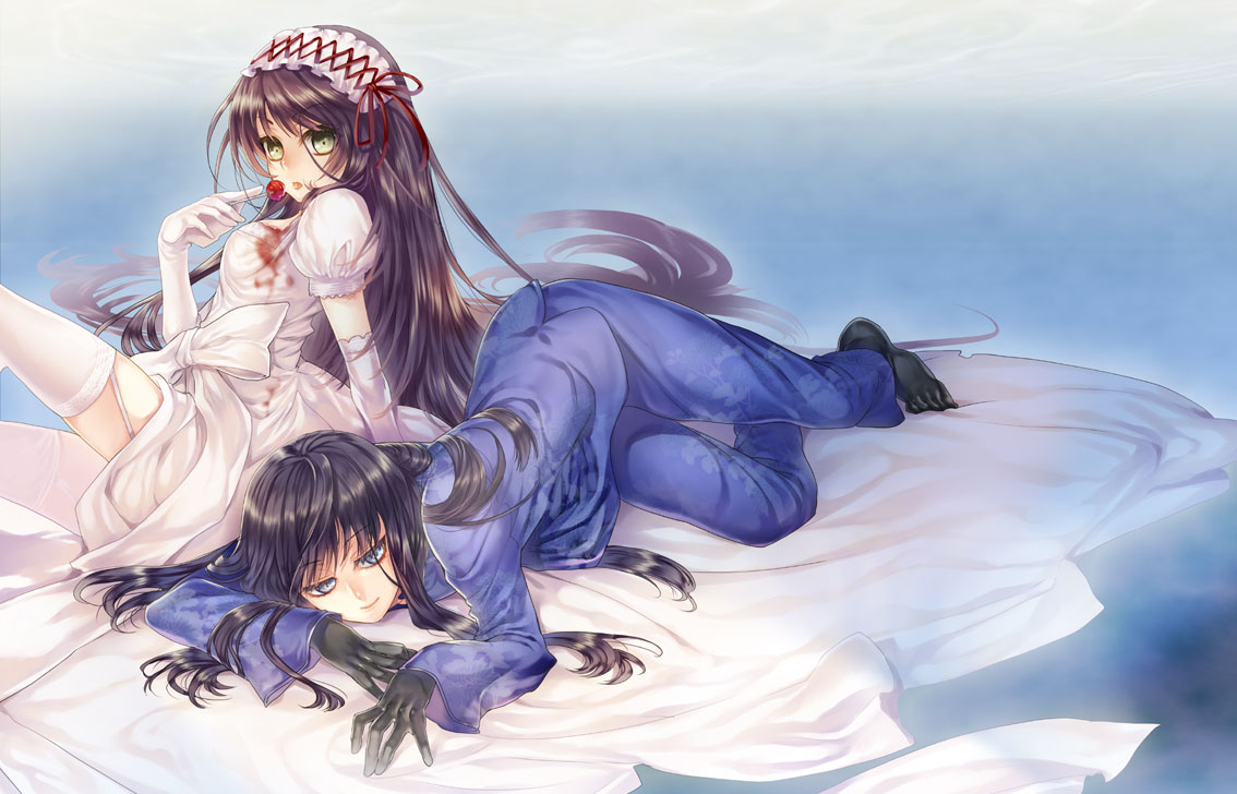 komeo, tenkuu sphere, ishizue kanata, karyou kaie, decoration disorder disconnection, type-moon, bad id, bad pixiv id, 1boy, 1girl, bed sheet, black hair, blood, blood stain, blue eyes, bow, bridal veil, bride, candy, chinese clothes, dress, eating, elbow gloves, food, garter straps, gloves, green eyes, headdress, lollipop, long hair, pajamas, puffy sleeves, thighhighs, trap, veil, very long hair, water, wedding dress, white thighhighs