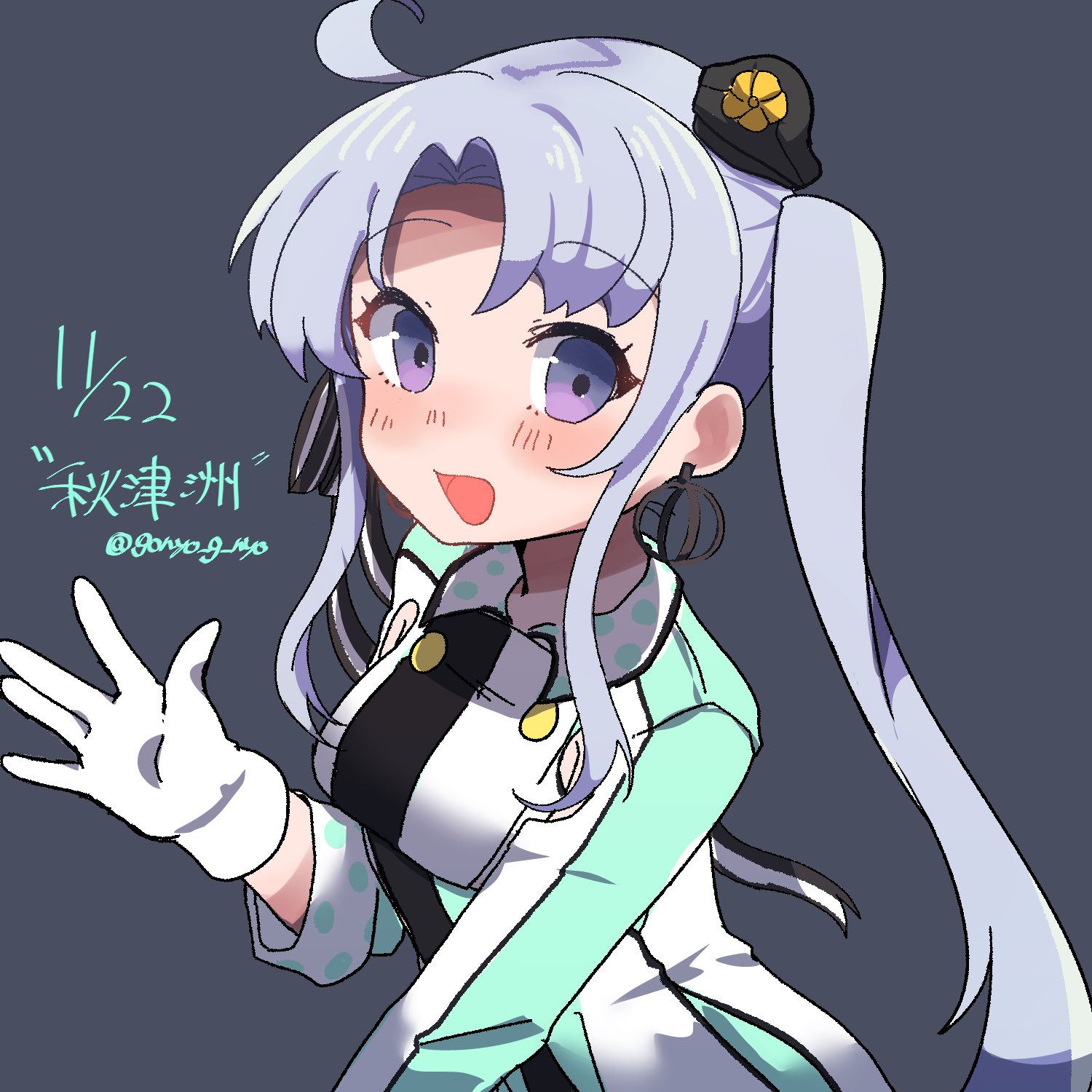 mcmcknk, akitsushima (kancolle), kantai collection, commentary request, highres, 1girl, ahoge, blue hair, buttons, character name, dated, double-breasted, grey background, hat, long hair, looking at viewer, military uniform, mini hat, purple eyes, side ponytail, simple background, smile, solo, twitter username, upper body, waving