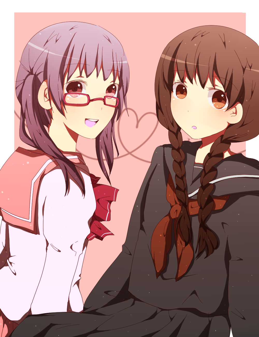 koko (artist), koko (kotobutyann), bad id, bad pixiv id, highres, 2girls, braid, brown eyes, brown hair, glasses, heart, multiple girls, purple eyes, school uniform, twin braids, twintails