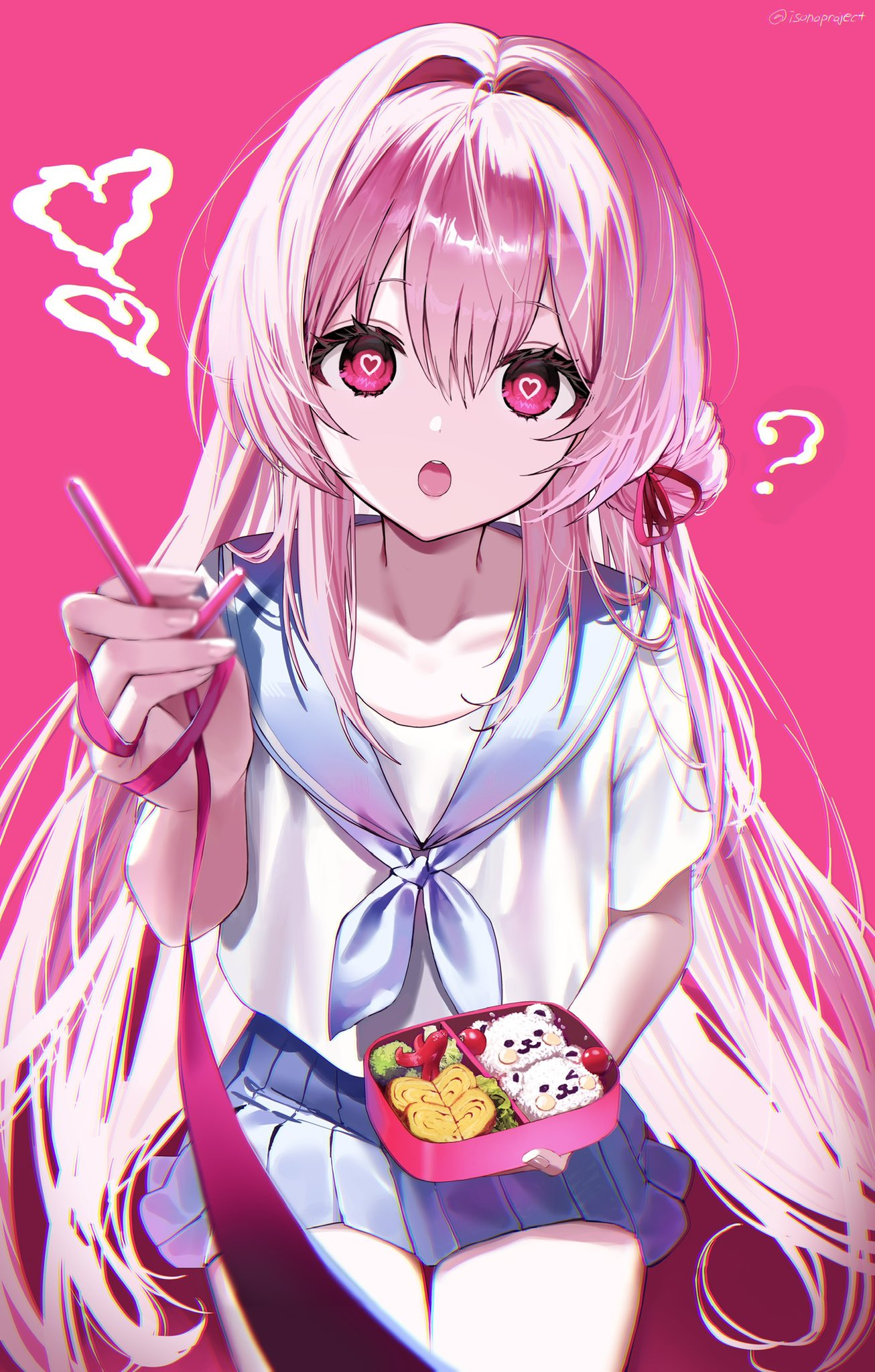 isono (isonoproject), original, highres, 1girl, ?, bento, blue neckerchief, blue sailor collar, blue serafuku, blue skirt, chopsticks, collarbone, dress, heart, heart in eye, holding bento, looking at viewer, miniskirt, neckerchief, open mouth, pink background, pink eyes, pink hair, pleated dress, pov, red ribbon, ribbon, sailor collar, sailor shirt, school uniform, serafuku, shirt, sitting, skirt, solo, summer uniform, symbol in eye, white shirt, yandere