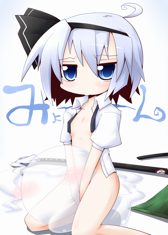reku, konpaku youmu, konpaku youmu (ghost), touhou, silver hair, 1girl, ahoge, between thighs, blue eyes, blush, bottomless, female focus, flat chest, ghost, hairband, hitodama, katana, kneeling, loli, no bra, no panties, open clothes, open shirt, riding, see-through clothes, sheath, sheathed, shirt, short hair, solo, sword, thighs, transparent, v arms, weapon
