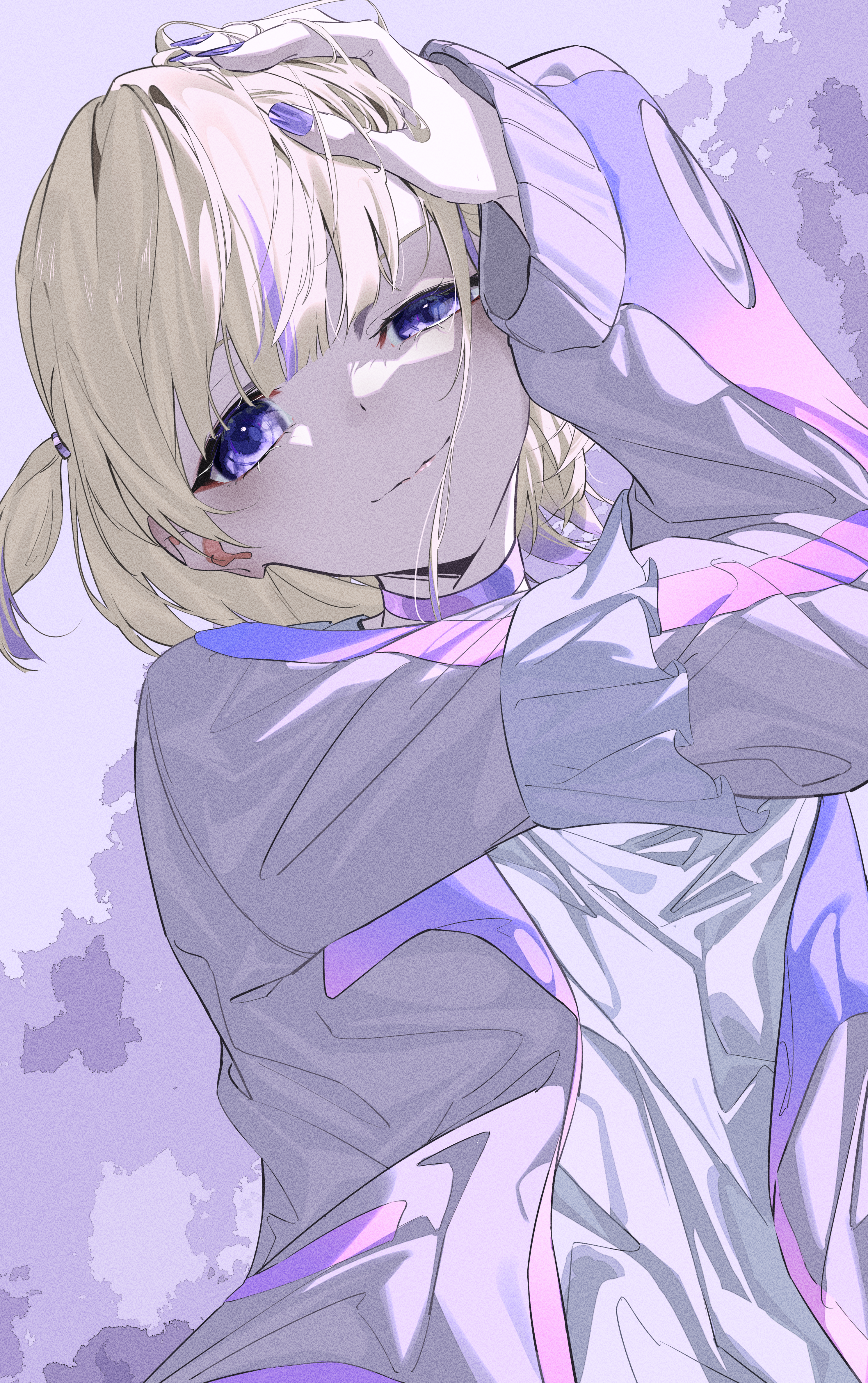 gam 1124, todoroki hajime, hololive, absurdres, commentary request, highres, 1girl, arm up, blonde hair, choker, half-closed eye, hand on own head, jacket, looking at viewer, multicolored hair, purple background, purple choker, purple eyes, purple hair, purple nails, shirt, short hair, smile, solo, streaked hair, two side up, upper body, virtual youtuber, white jacket, white shirt