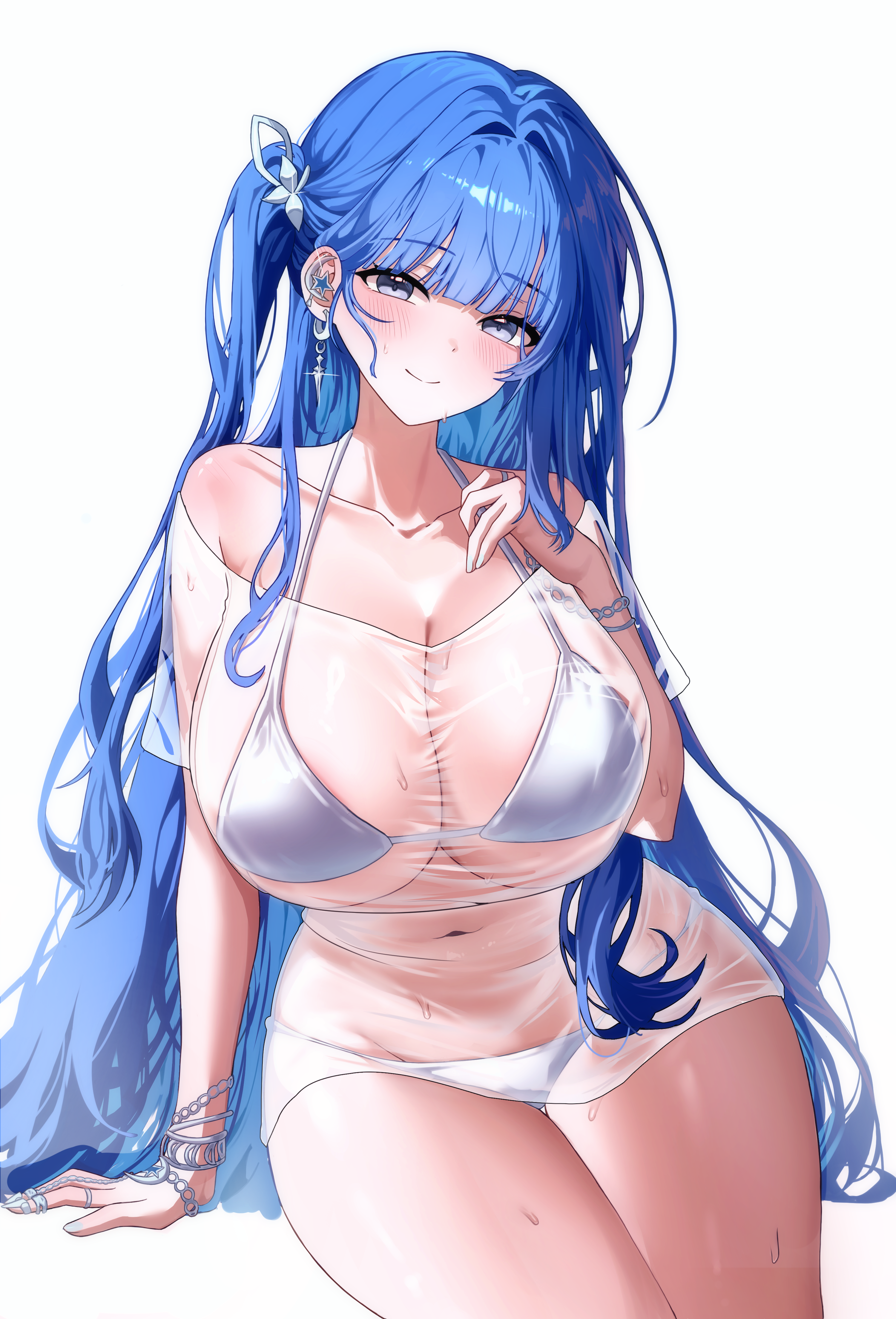 arcana (nikke), goddess of victory: nikke, absurdres, commentary request, highres, korean commentary, 1girl, alternate costume, blue eyes, blue hair, breasts, cleavage, large breasts, long hair, navel, simple background, sitting, smile, solo, uejji, very long hair, white background