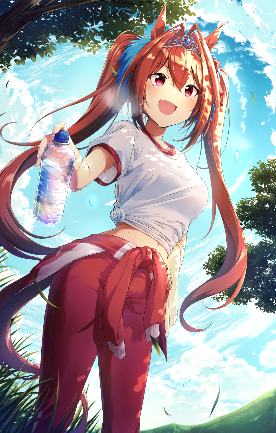 murasaki himuro, daiwa scarlet (umamusume), umamusume, commission, highres, skeb commission, 1girl, animal ears, blue sky, blush, bottle, breasts, brown hair, clothes around waist, cloud, fang, grass, gym shirt, gym uniform, hair between eyes, hair intakes, holding, holding bottle, horse ears, horse girl, horse tail, jacket, jacket around waist, long hair, medium breasts, midriff, navel, open mouth, outdoors, pants, red eyes, red jacket, red pants, shirt, short sleeves, skin fang, sky, smile, solo, sweater, sweater around waist, tail, tiara, tied shirt, tracen training uniform, track jacket, track pants, tree, twintails, very long hair, water bottle, white shirt