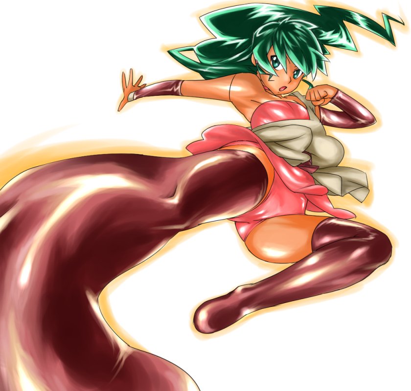 fuyu no kiatsuhaichi, jasmine (deltora quest), deltora quest, bad id, bad pixiv id, 00s, 1girl, female focus, flying kick, green eyes, green hair, kicking, long hair, matching hair/eyes, panties, solo, thighhighs, underwear