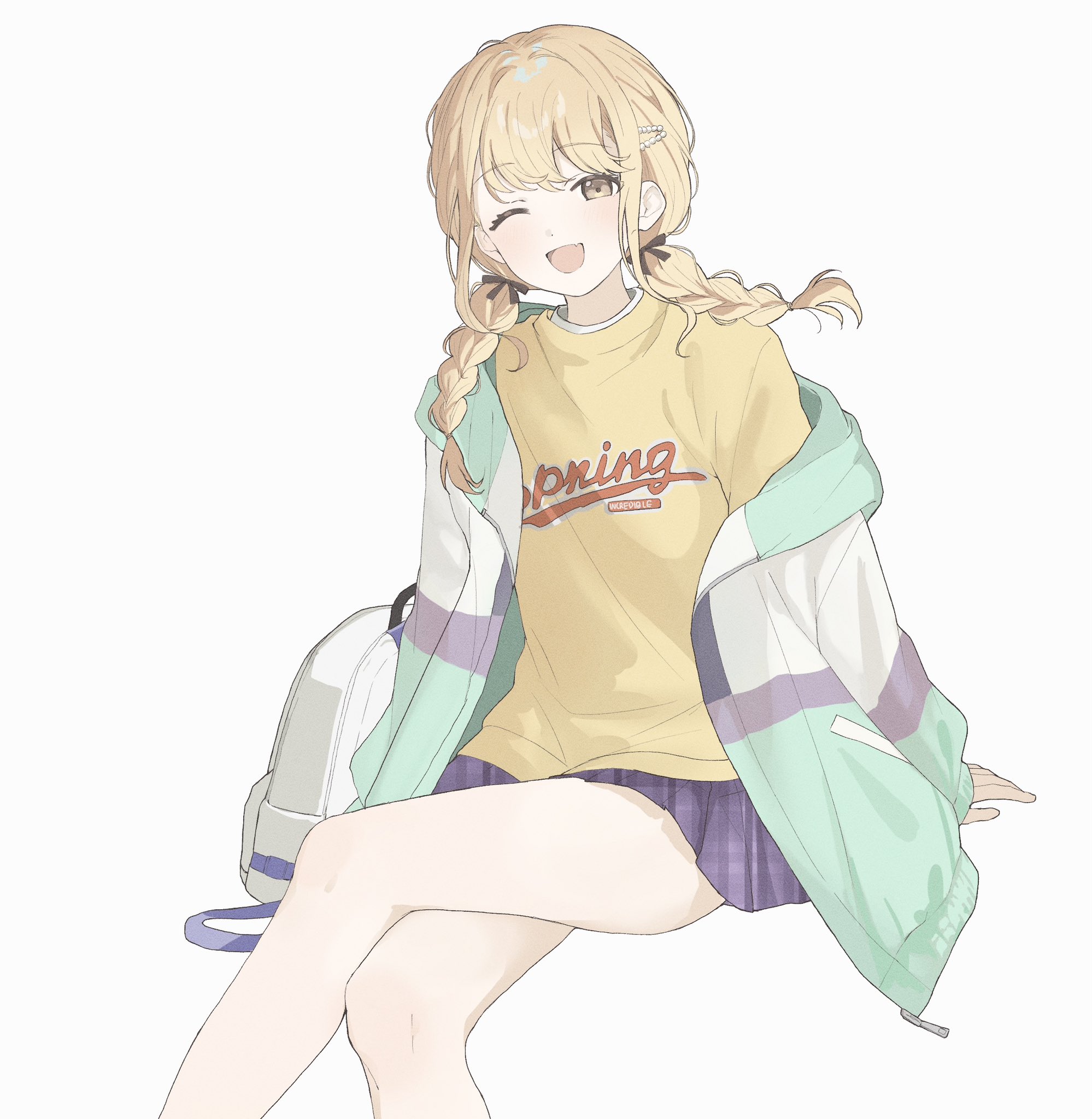 aru (purepur8), fujita kotone, gakuen idolmaster, idolmaster, highres, 1girl, :d, arm support, backpack, bag, black ribbon, blonde hair, braid, braided twintails, clothes writing, crossed legs, fang, feet out of frame, green jacket, hair ornament, hair ribbon, hair tie, hairclip, hood, hood down, hooded jacket, jacket, light blush, long hair, long sleeves, low twintails, miniskirt, multicolored jacket, one eye closed, open clothes, open jacket, open mouth, pleated skirt, purple jacket, purple skirt, ribbon, shirt, simple background, single off shoulder, sitting, skin fang, skirt, smile, solo, swept bangs, t-shirt, twin braids, twintails, unworn bag, unzipped, white background, white bag, white jacket, yellow eyes, yellow shirt, zipper, zipper pull tab