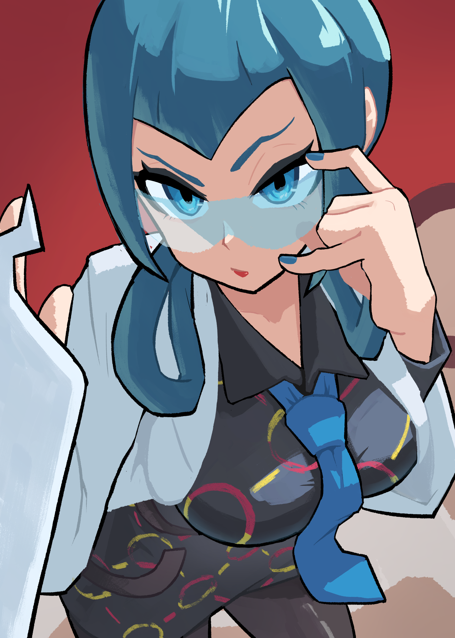 niisan2023, mable (pokemon), nintendo, pokemon, pokemon legends: z-a, commentary, highres, 1girl, adjusting eyewear, black dress, blue-tinted eyewear, blue eyes, blue hair, blue necktie, coat, dress, lab coat, necktie, red background, safety glasses, simple background, solo, tinted eyewear, upper body, white coat