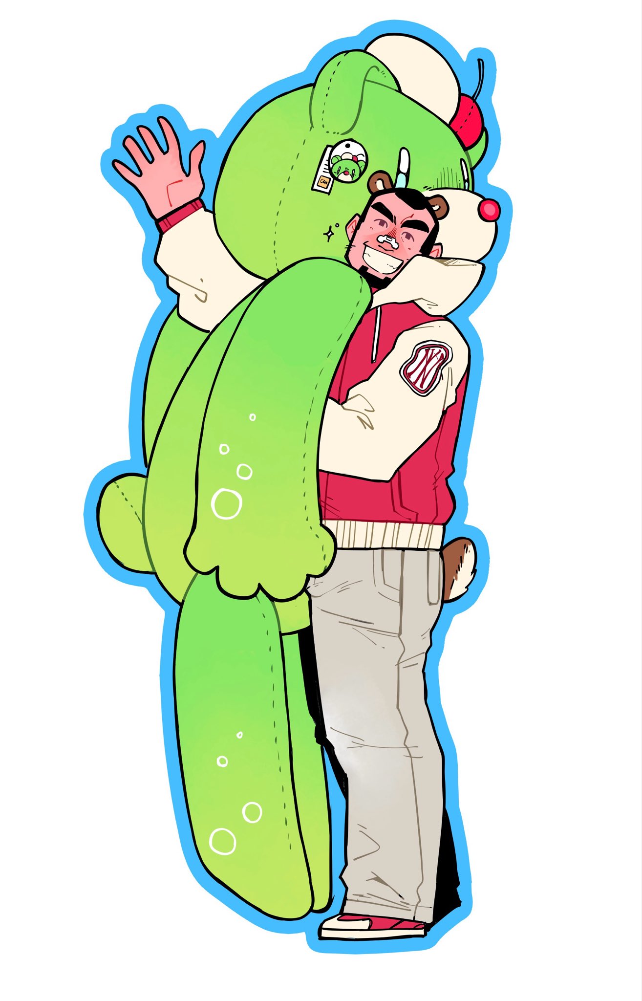 original, commentary, english commentary, highres, 1boy, bandaid, bandaid on face, bandaid on nose, bear tail, beard, black hair, chinstrap beard, facial hair, full body, grey pants, grgxrt, grin, holding, holding stuffed toy, hood, hood down, hooded jacket, jacket, large teddy bear, letterman jacket, male focus, pants, red jacket, red shoes, shoes, short hair, simple background, smile, sneakers, solo, standing, stuffed animal, stuffed toy, tail, teddy bear, thick eyebrows, very short hair, waving, white background