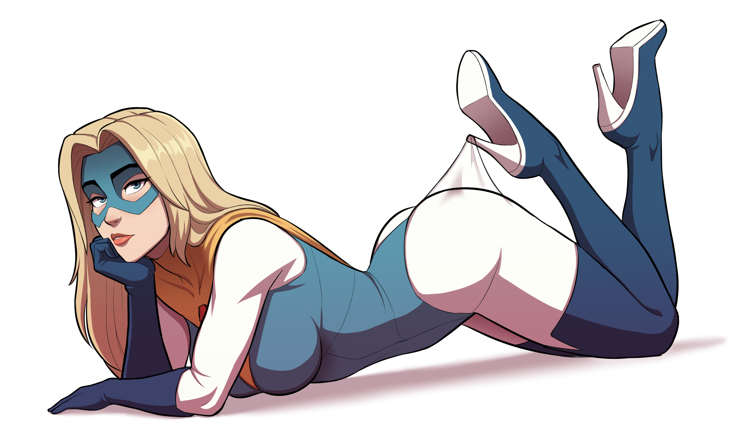 blonde blazer, dispatch, hashtag-only commentary, highres, blonde hair, blue eyes, blue mask, blue suit, eye mask, formal clothes, high heels, lace pantyhose hooked on heel (meme), mask, meme, suit, superhero costume