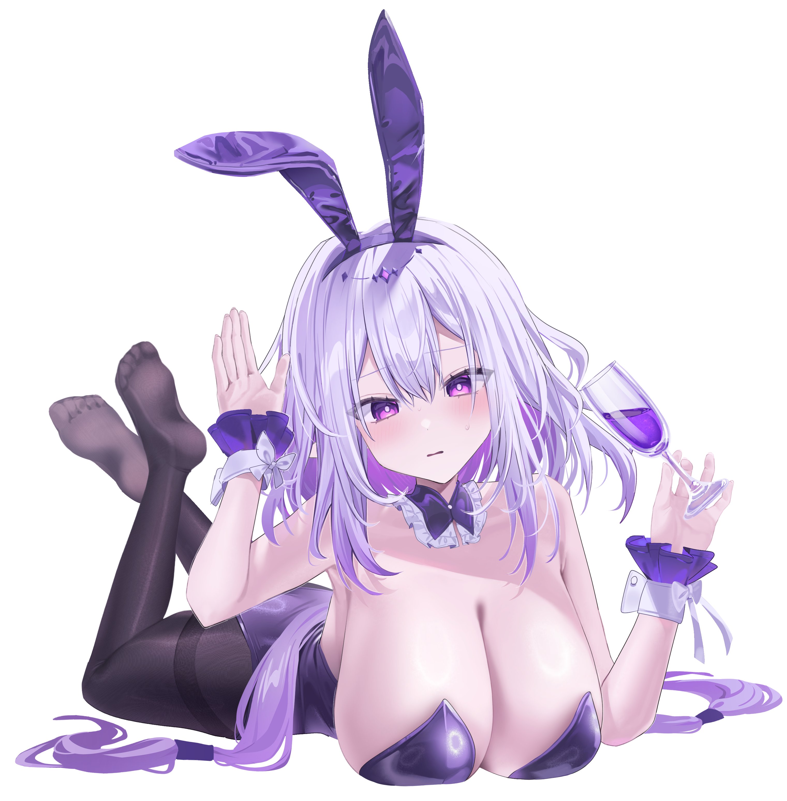 qing231, castorice (honkai: star rail), honkai: star rail, honkai (series), absurdres, highres, 1girl, alternate breast size (larger), alternate costume, animal ears, bare shoulders, black pantyhose, breasts, champagne flute, cleavage, cup, drinking glass, fake animal ears, holding, holding cup, huge breasts, leotard, long hair, looking at viewer, lying, on stomach, pantyhose, playboy bunny, purple eyes, purple hair, purple leotard, rabbit ears, simple background, soles, solo, the pose, toes, very long hair, white background