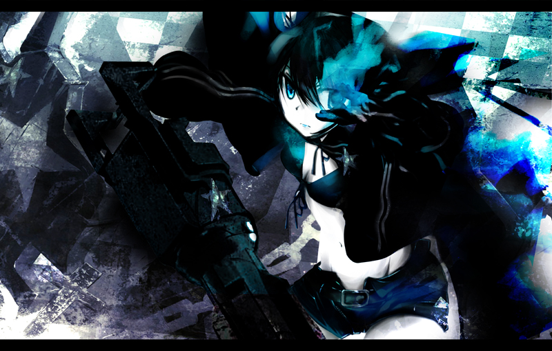 shirokitsune, black rock shooter (character), black rock shooter, vocaloid, bad id, bad pixiv id, 10s, 1girl, arm cannon, belt, bikini, bikini top only, black hair, blue eyes, chain, coat, female focus, flat chest, front-tie top, gloves, glowing, glowing eyes, gun, hood, hooded jacket, jacket, long hair, midriff, navel, pale skin, short shorts, shorts, solo, star (symbol), swimsuit, twintails, uneven twintails, very long hair, weapon