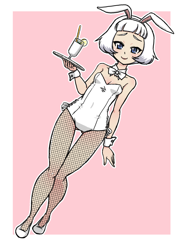 takahashi kurage, sophia (girls und panzer), girls und panzer, commentary request, 1girl, animal ears, blue eyes, blush, bow, bowtie, breasts, cleavage, closed mouth, fake animal ears, fishnet pantyhose, fishnets, full body, leotard, looking at viewer, pantyhose, pink background, playboy bunny, rabbit ears, short hair, simple background, small breasts, smile, solo, white bow, white bowtie, white hair, white leotard