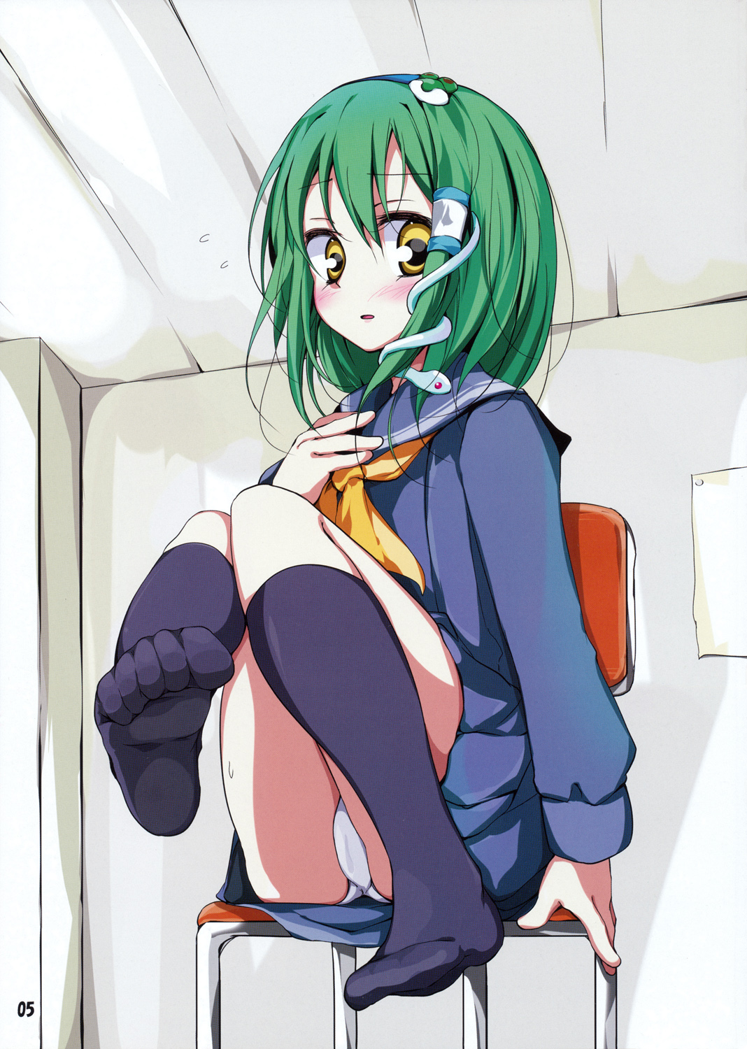 oouso, kochiya sanae, touhou, highres, 1girl, alternate costume, feet, female focus, foot focus, frog, green hair, hair ornament, indoors, panties, pantyshot, school uniform, serafuku, short hair, skirt, snake, socks, solo, underwear, white panties, yellow eyes