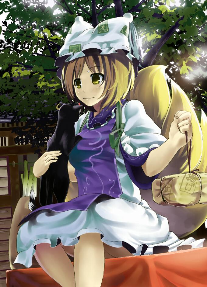 hidebo, chen, chen (cat), yakumo ran, touhou, bad id, bad pixiv id, 1girl, animal hat, blonde hair, cat, earrings, female focus, fox tail, hat, jewelry, mob cap, multiple tails, outdoors, package, short hair, sleeves rolled up, solo, spring onion, tail, tassel, tree, yellow eyes