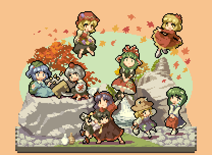 oobako, aki minoriko, aki shizuha, inubashiri momiji, kagiyama hina, kawashiro nitori, kochiya sanae, moriya suwako, shameimaru aya, yasaka kanako, mountain of faith, touhou, lowres, 6+girls, chibi, everyone, female focus, geta, multiple girls, pixel art, tengu-geta, two side up