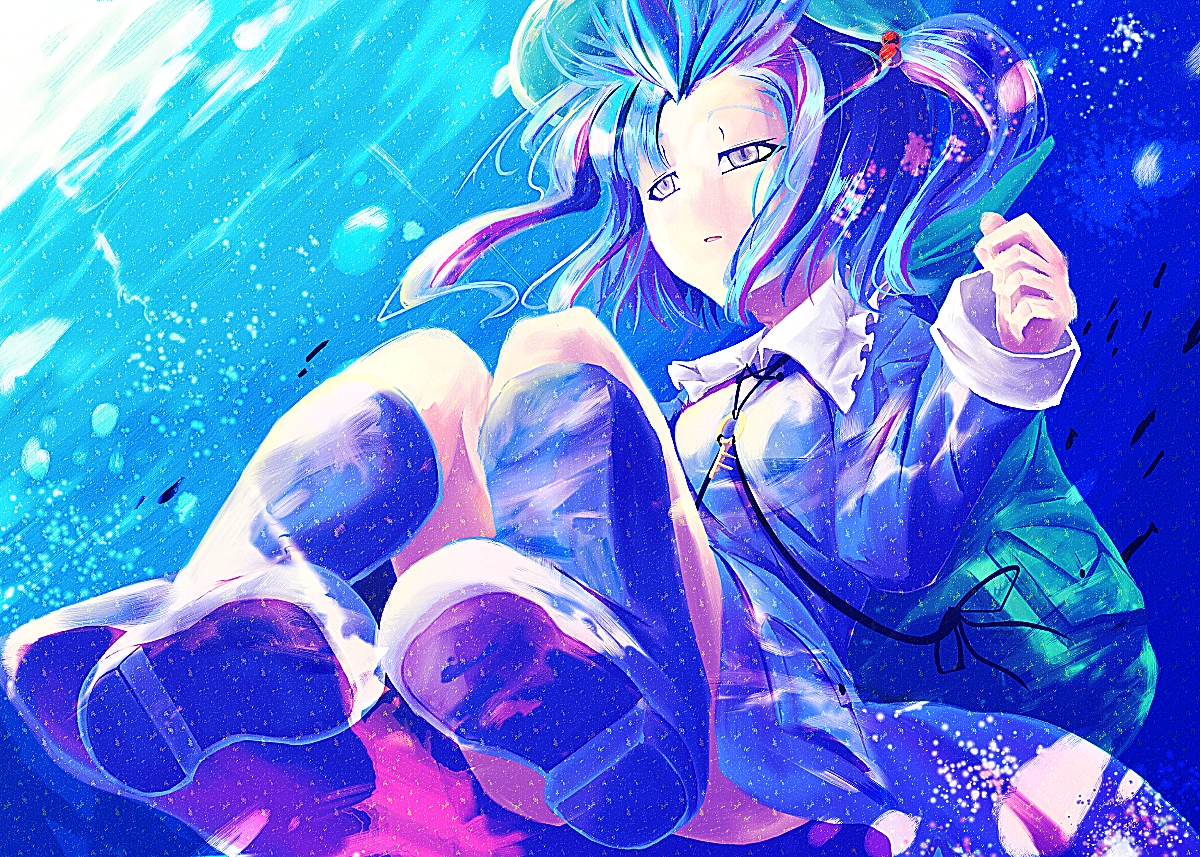 sorano eika, kawashiro nitori, touhou, 1girl, female focus, gradient background, hat, short hair, solo, two side up, underwater, water