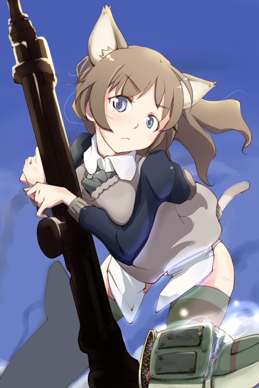 kazamidori, kazamidori (lumq), lynette bishop, strike witches, world witches series, striped, 00s, 1girl, alternate hairstyle, animal ears, blue eyes, breasts, brown hair, cat ears, cat tail, female focus, gun, large breasts, long hair, solo, striker unit, tail, thighhighs, weapon